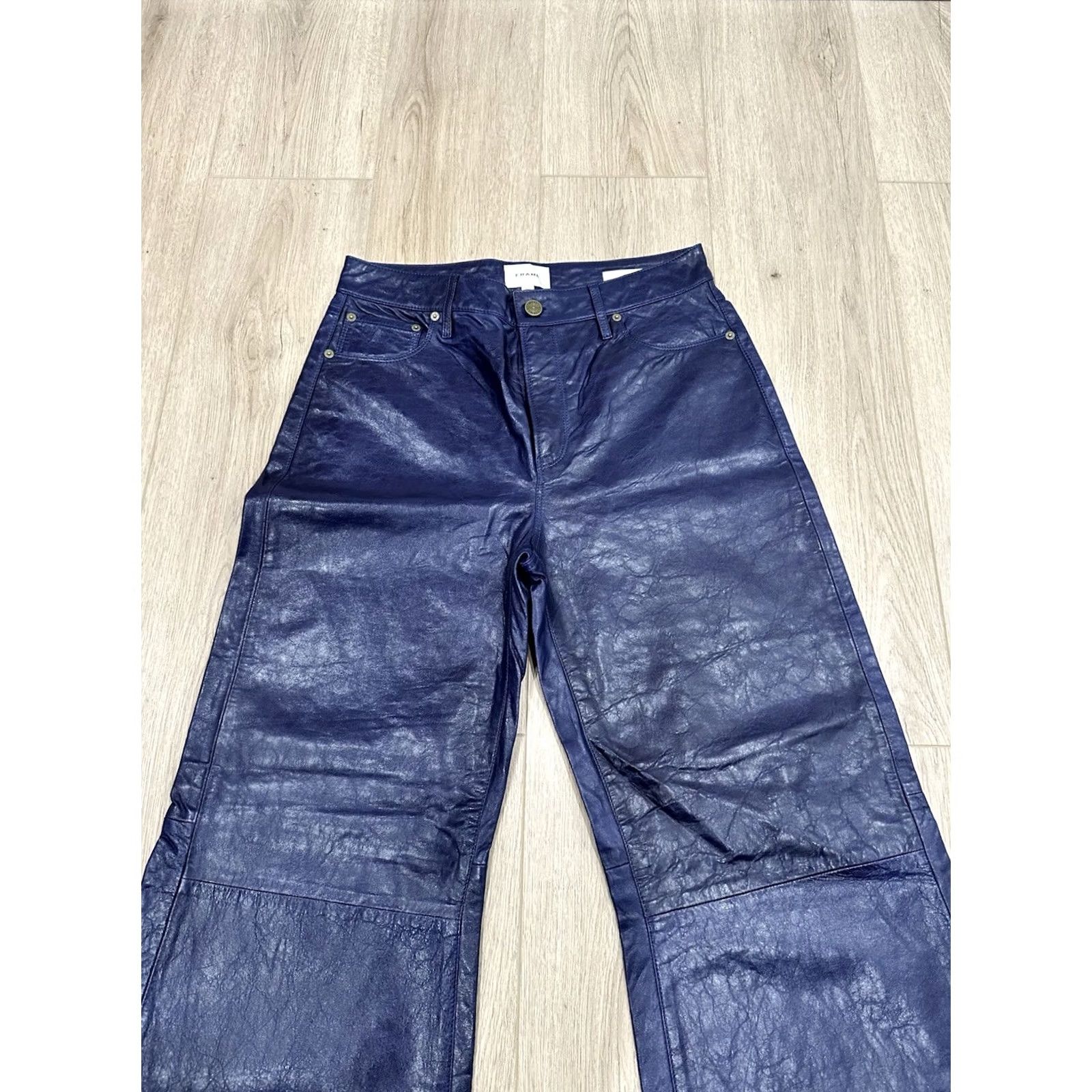 Frame VINTAGE NWT Frame Women's Blue Le Palazzo High-Rise Crinkle Leather Wide-Leg Pants 30 Size 30" / US 8 / IT 44 - 4 Thumbnail