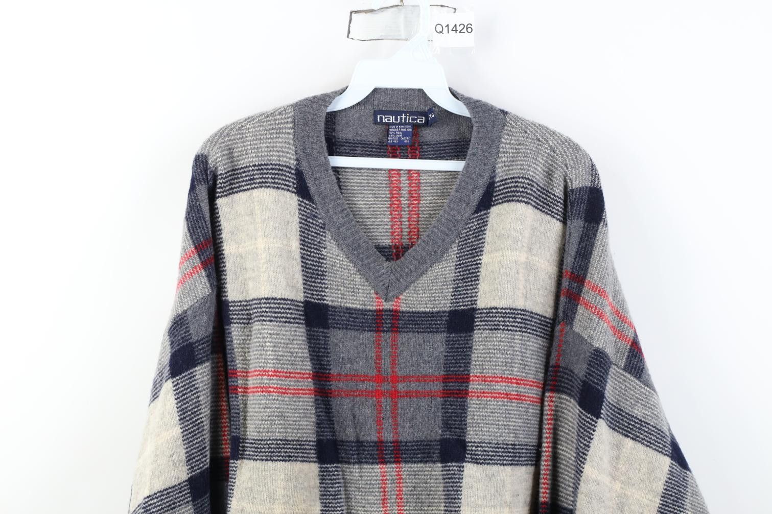 Nautica Vintage 90s Nautica Wool Knit V-Neck Sweater Checkered Plaid Size US XL / EU 56 / 4 - 2 Thumbnail