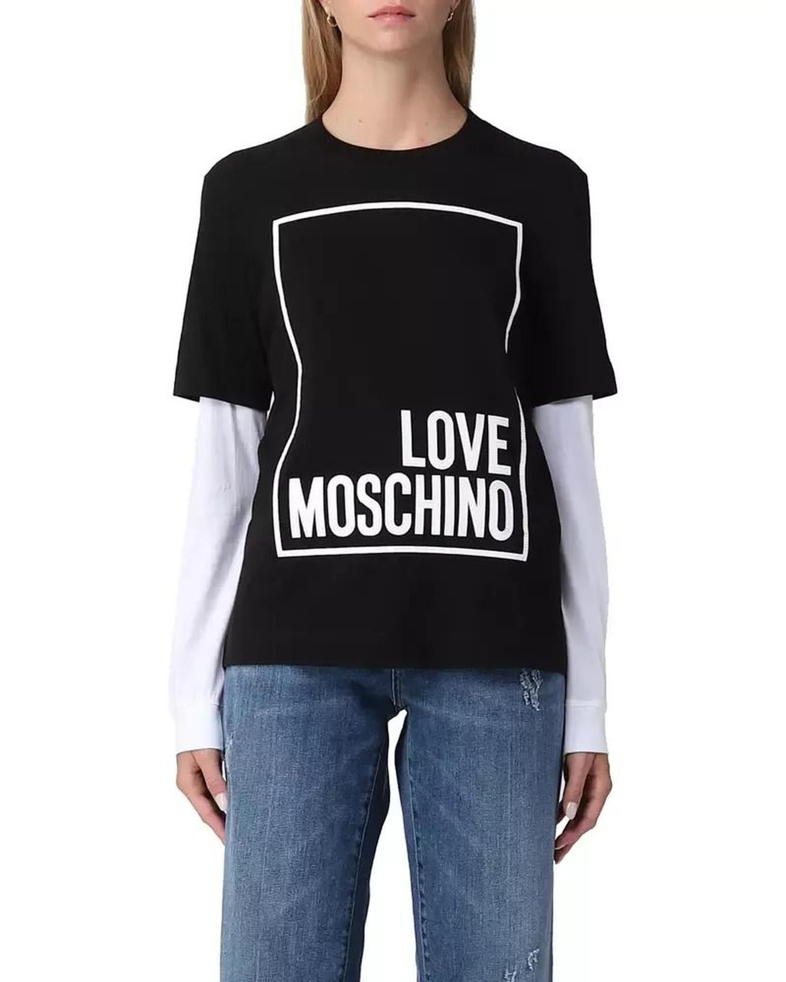 image of Moschino Long-Sleeved Cotton T-Shirt With Eco-Leather Logo in Black, Women's (Size Small)