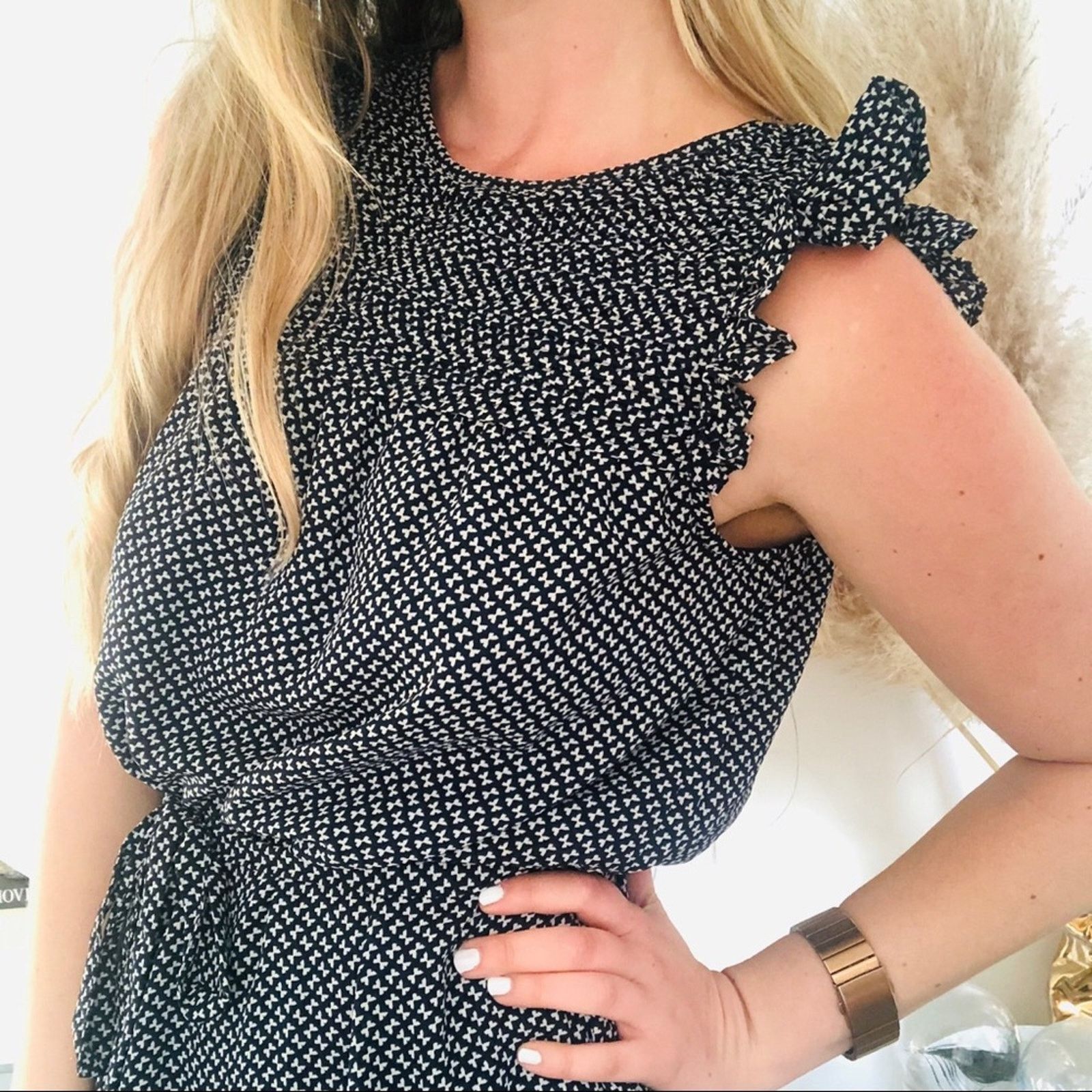 H&M H&M Navy White Printed Pleated Smocked Ruffle Tie Tank Dress Size M / US 6-8 / IT 42-44 - 3 Thumbnail