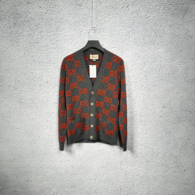 Gucci GucciGray orange double G full-print wool cardigan knitwear Size US S / EU 44-46 / 1 - 1 Thumbnail