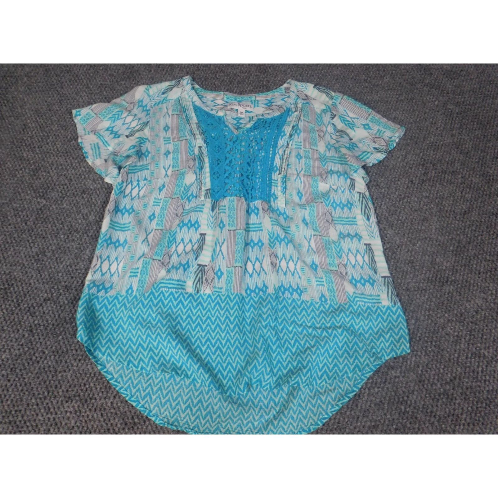 Vintage Kim Rogers Womens Blouse PM Petites Blue Cap Sleeve Crew Neck Pullover Floral Button Casual Size M / US 6-8 / IT 42-44 - 2 Thumbnail