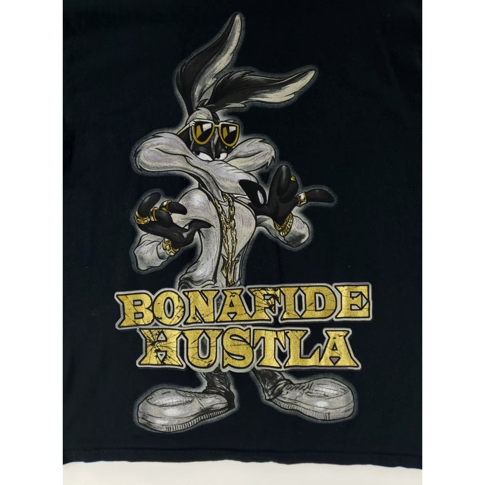 Vintage Looney Tunes T Shirt Wile E Coyote Bonafide Hustla Black Short Sleeve Mens XL Size US XL / EU 56 / 4 - 2 Thumbnail