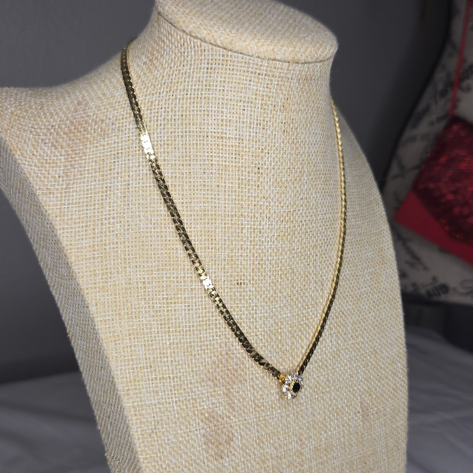 Vintage Vintage Gold Tone Rhinestone Flower Choker Herringbone Chain Size ONE SIZE - 10 Thumbnail