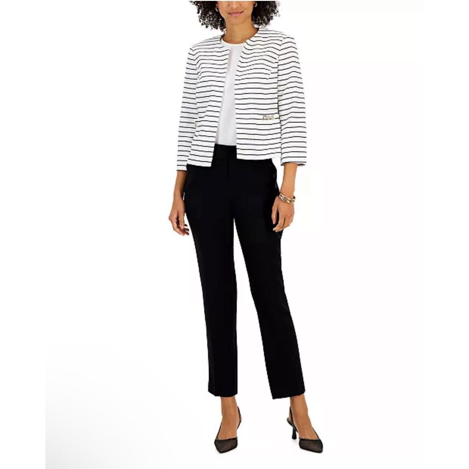 The Unbranded Brand Kasper Open-Front Blazer Jacket Women's Size 8 White Striped Size M / US 6-8 / IT 42-44 - 3 Thumbnail