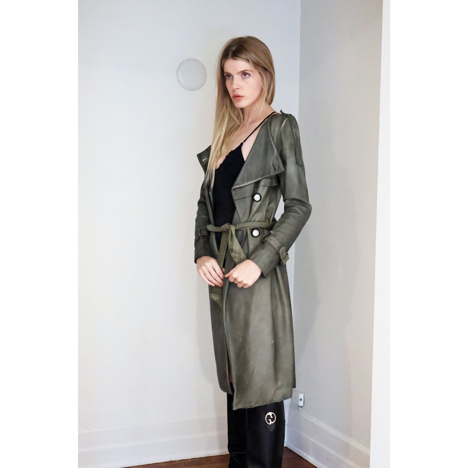 image of Vintage Costume National Y2K Green Leather Belted Trench, Women's (Size Small)