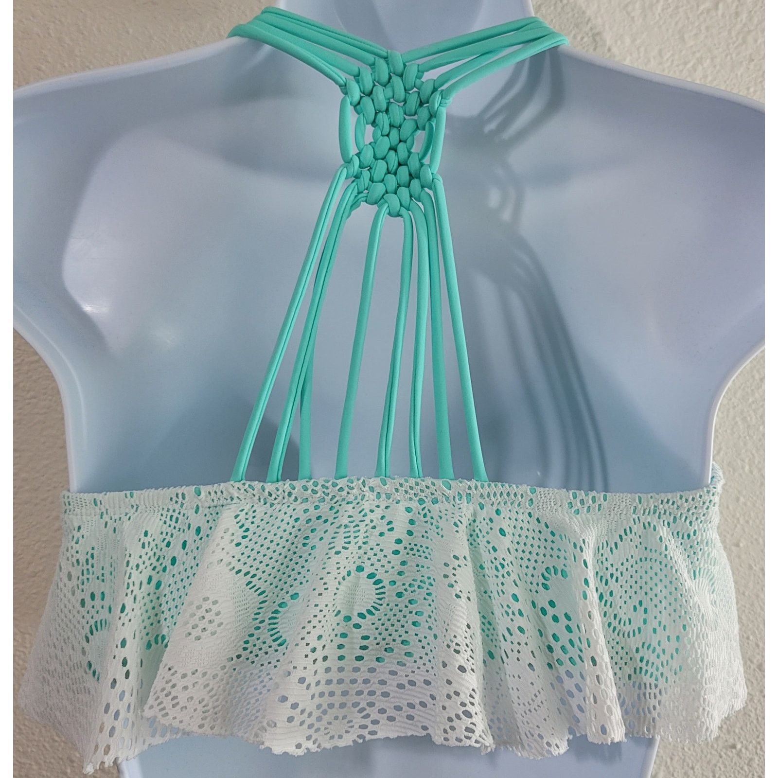 Other Trillium Teal White Lace Flounce Halter Bikini Top Medium Size ONE SIZE - 3 Thumbnail
