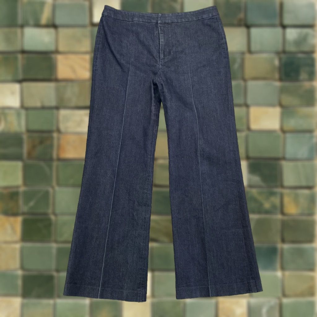Vintage Ellen Tracy Denim Trousers Women 14 Wide Leg Dark Blue 70s Boho Chic Office Casual