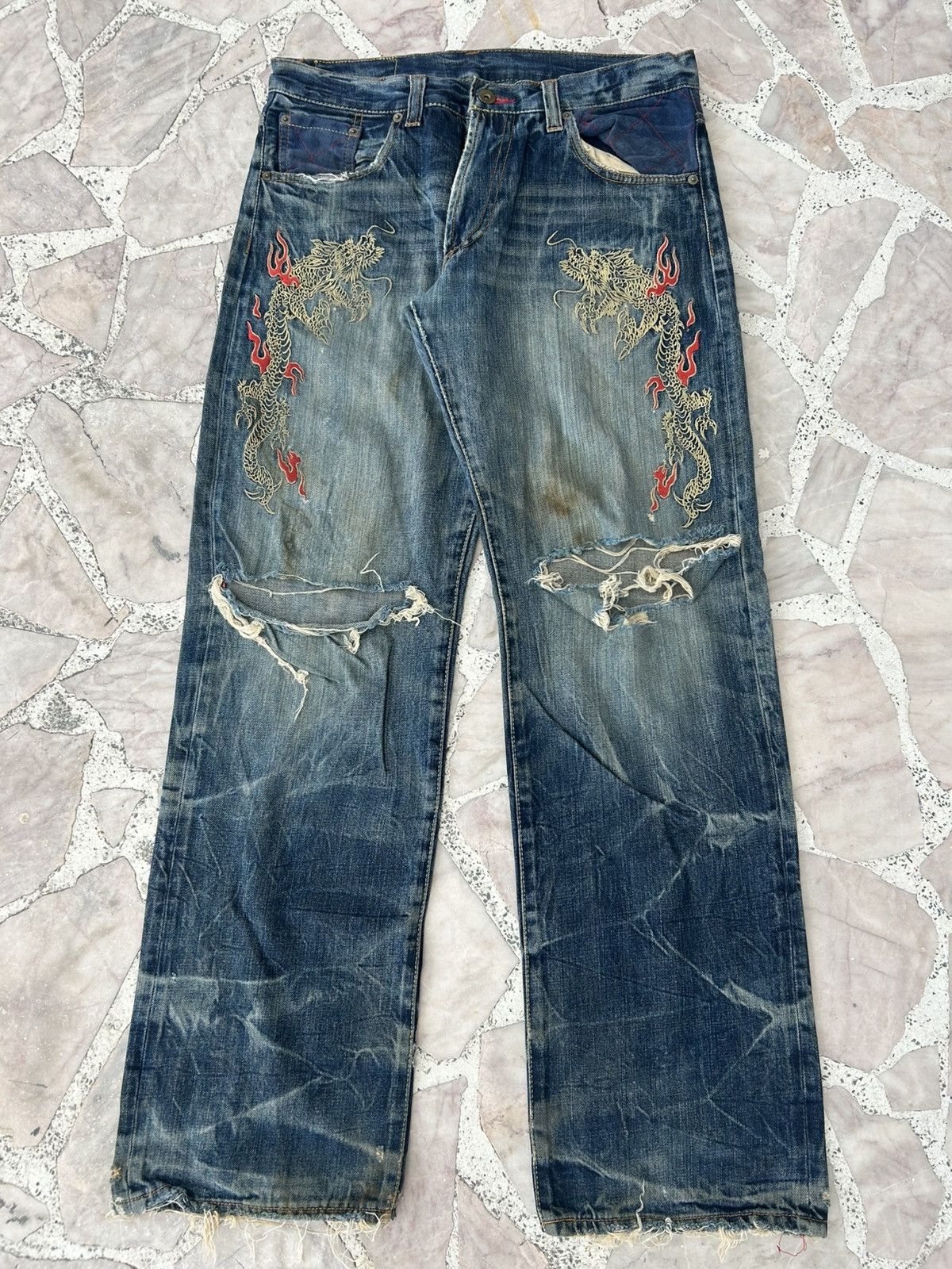Eternal Vintage Distress Dragon Embroidered Denim Size US 30 / EU 46 - 1 Thumbnail