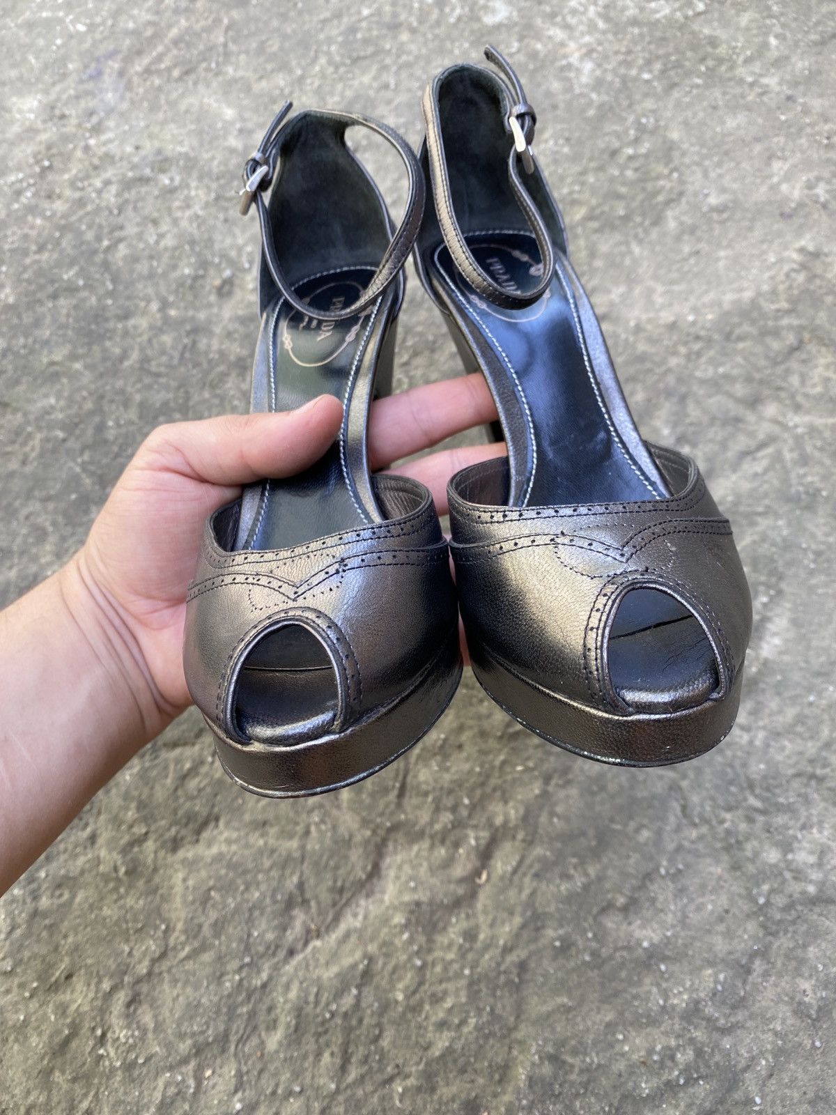 Prada Metallic Leather Peep Toe Platform Heels Ankle Strap