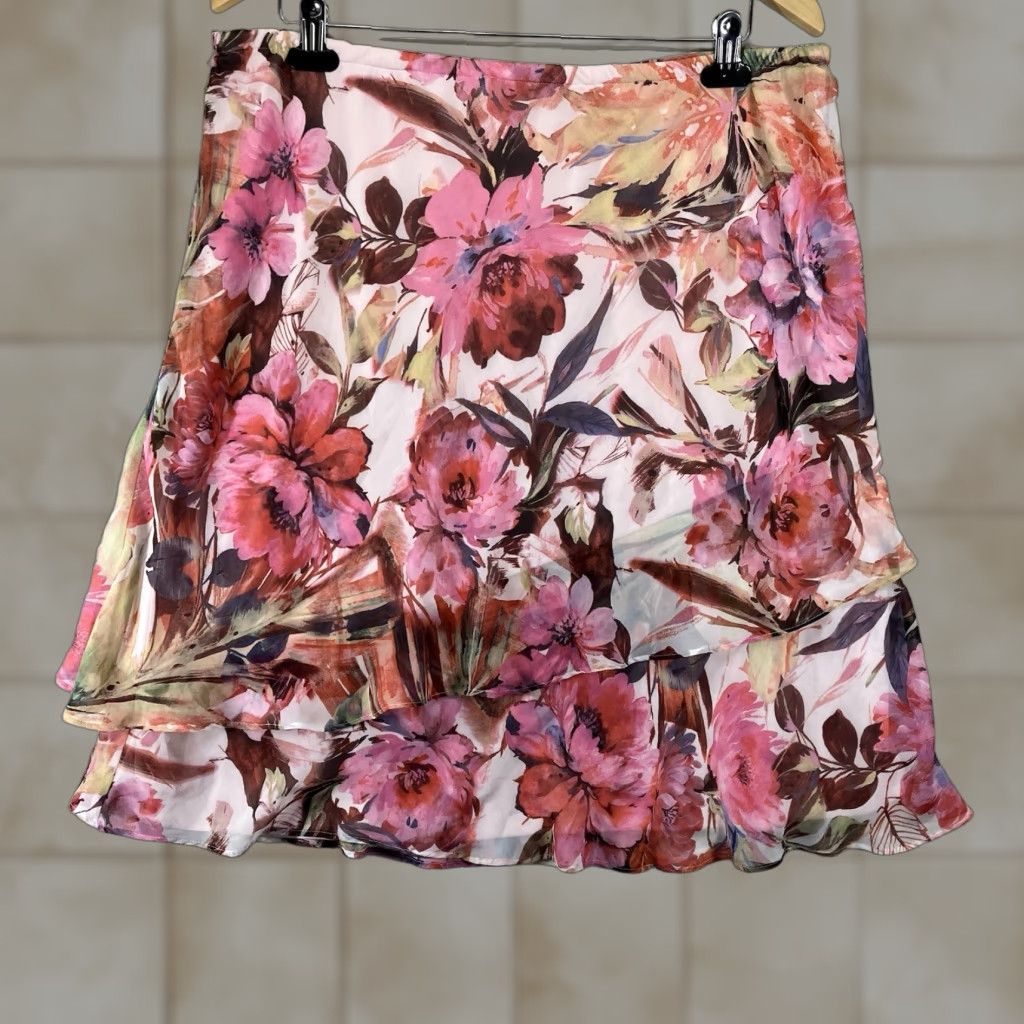 Vintage Draper's & Damon's Skirt Midi Floral Pink Ruffle Maxi Elastic Waist Pull On Women 12 14 Chiffon Lightweight Casual Vintage No Size 34" / US 12 / IT 48 - 1 Thumbnail