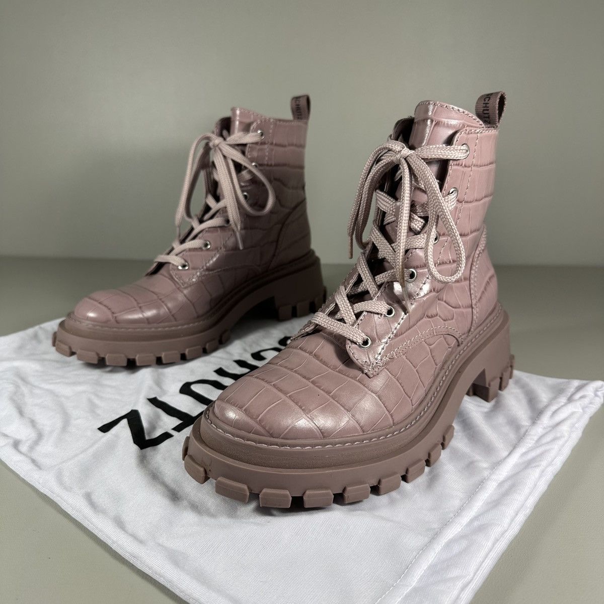 SCHUTZ Schutz Orly Croc Print Lug Sole Lilac Combat Leather Boots Size US 9.5 / IT 39.5 - 2 Thumbnail