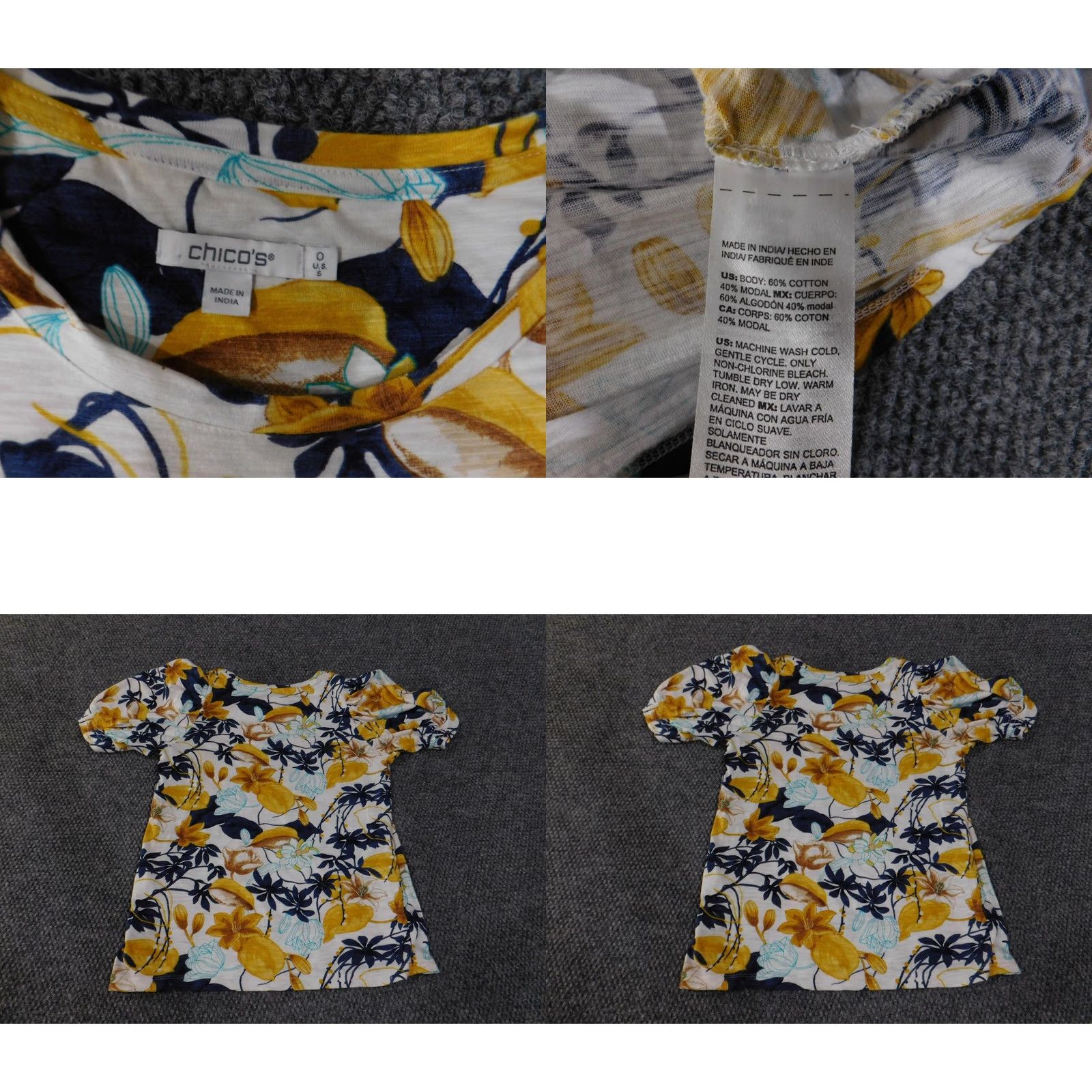 Vintage Chico's Shirt Womens Small Yellow Navy White Floral Puff Sleeve Scoop Neck Top Size S / US 4 / IT 40 - 8 Thumbnail