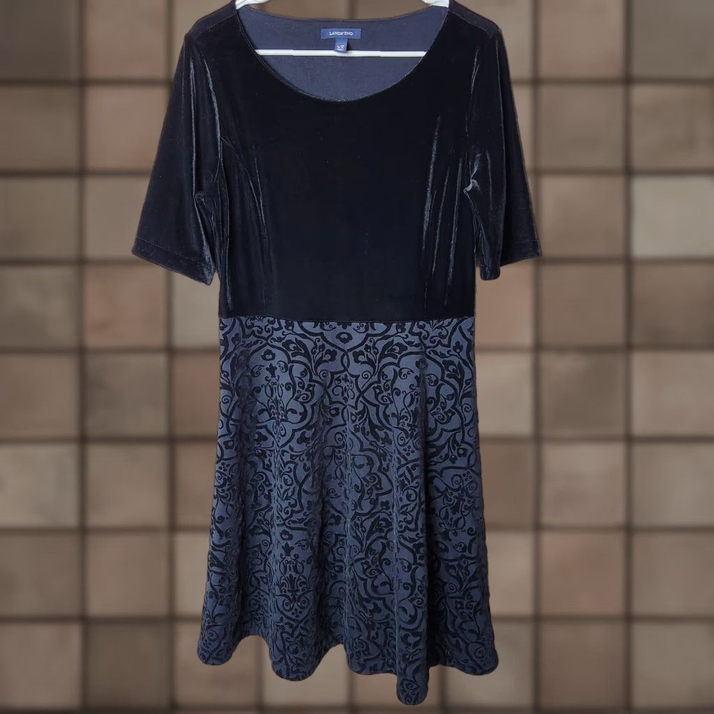 Lands' End Lands' End Womens Petite Black Velvet Half Sleeve Fit & Flare Dress |LP| Size L / US 10 / IT 46 - 1 Thumbnail