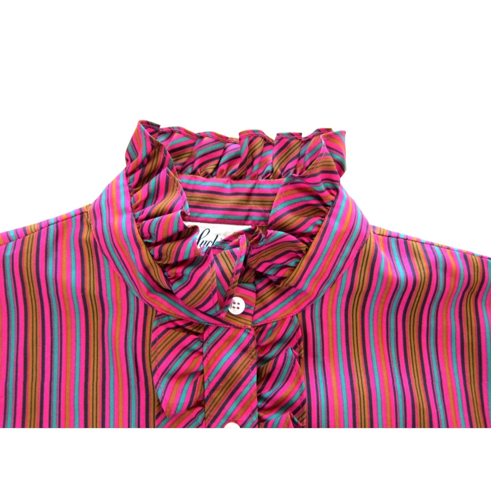 Vintage VINTAGE Lucky Me Pink Blouse Striped High Neck Long Sleeve Ruffle Button Large Women Size L / US 10 / IT 46 - 7 Thumbnail