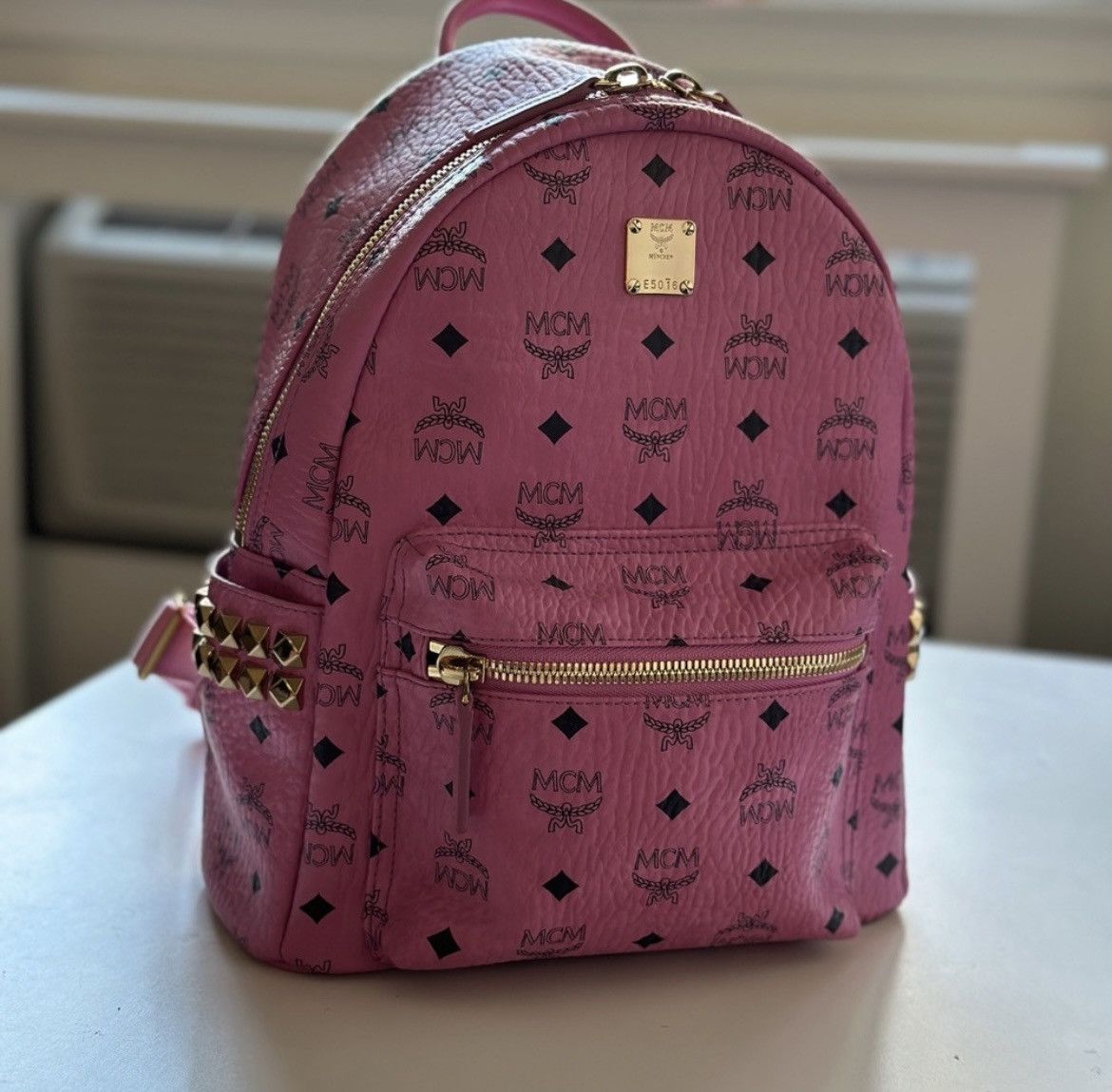 image of MCM Stark Studded Backpack Small in Pink, Women's