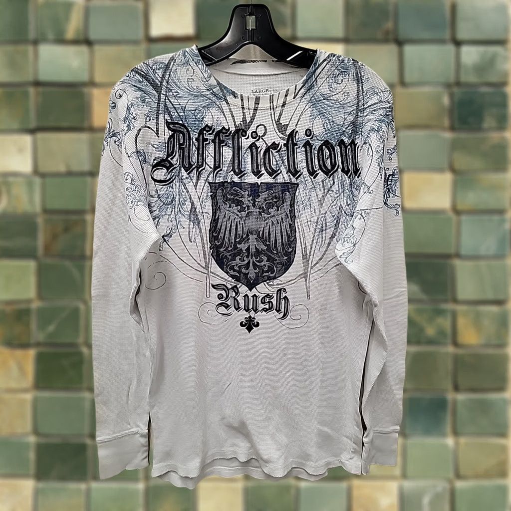 Affliction VINTAGE Affliction Shirt Mens L Thermal Knit Graphic Print Crew Neck White 20.5 Chest 30.5 Length Grunge Gothic Size US L / EU 52-54 / 3 - 1 Thumbnail