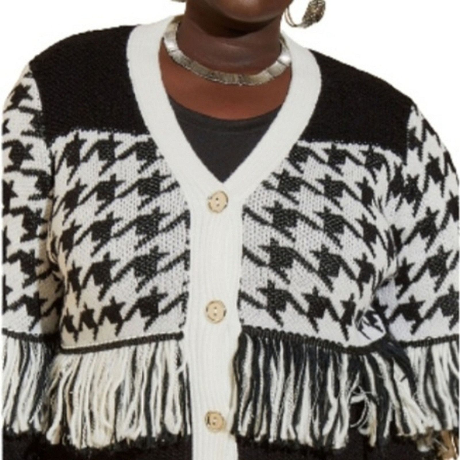 Other BLACK /WHITE HOUNDSTOOTH ☆ FRINGED ☆ LONG CARDIGAN 5x ☆ NWT Size 4XL / US 24-26 - 3 Thumbnail