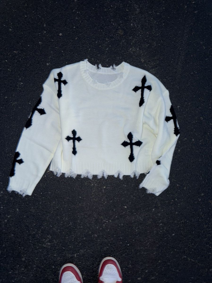 Other × Vintage Custom Distressed Cross Knit Sweater Size US L / EU 52-54 / 3 - 1 Thumbnail