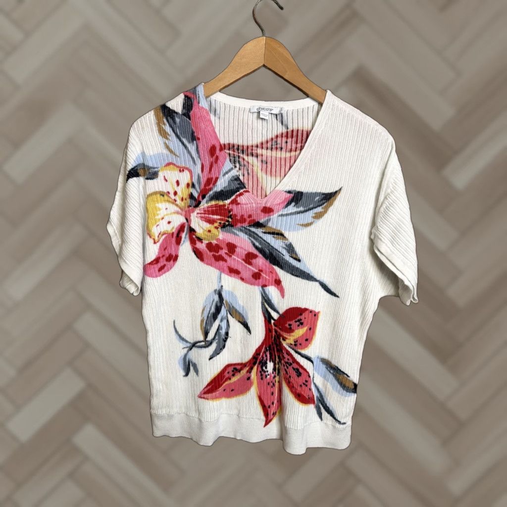Vintage VINTAGE Chico's Shirt Womens White Pullover Floral Short Sleeve L Big Print Size L / US 10 / IT 46 - 1 Thumbnail