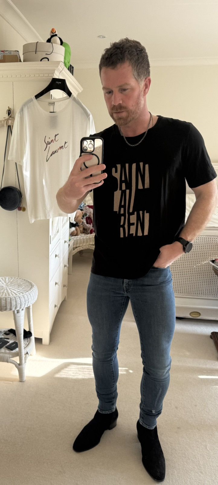 Saint Laurent Paris FW19 Saint Laurent heavy logo Black T shirt white logo L Size US L / EU 52-54 / 3 - 2 Thumbnail