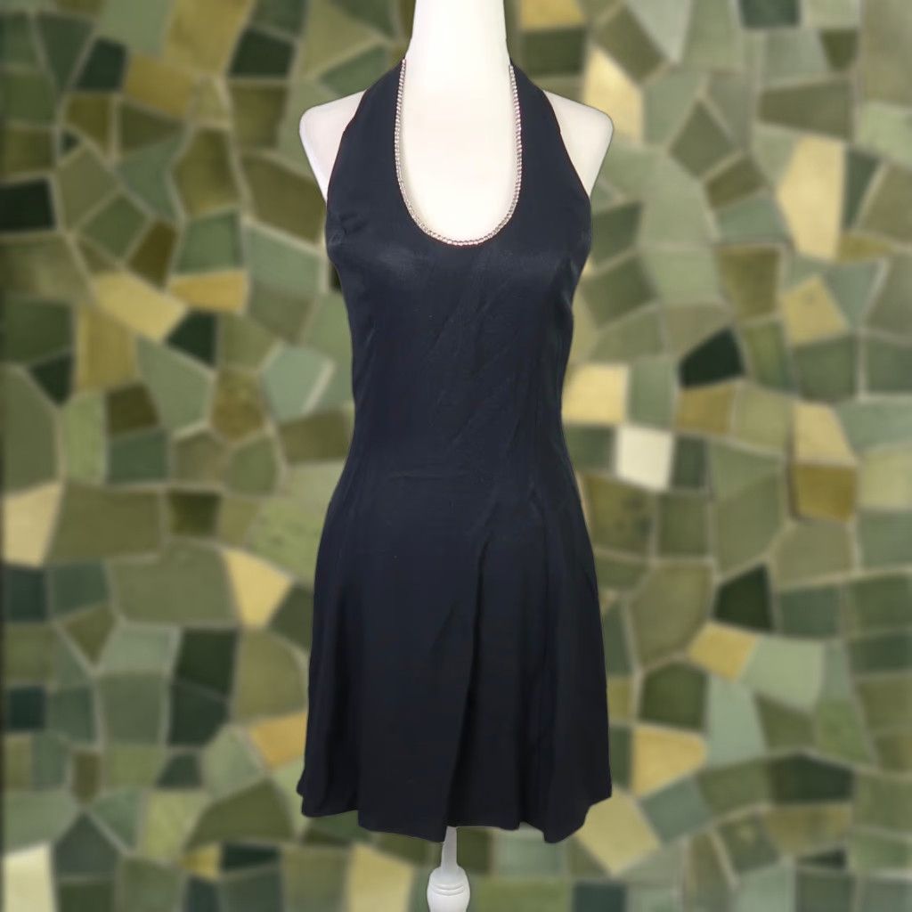 jessica mcclintock black dress 90s Satin One Shoulder Mini 19 Pit to hem Vintage Jessica McClintock Black Bow