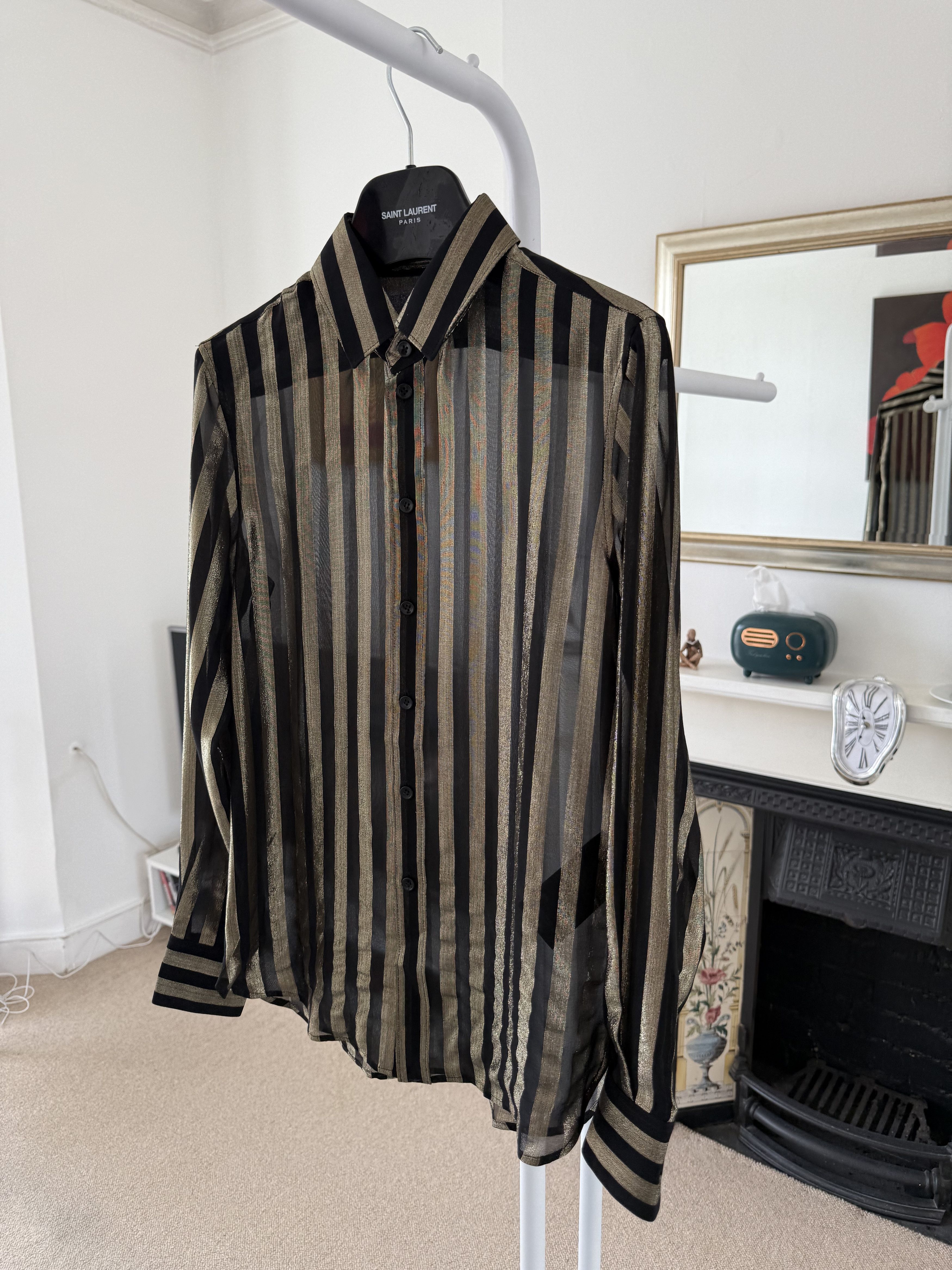 Saint Laurent Paris FW19 Saint Laurent Runway Striped Gold Silk Shirt Size XS / US 0-2 / IT 36-38 - 2 Thumbnail