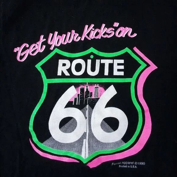 Hanes × Vintage Vintage 90s Neon Get Your Kicks On Route 66 T-Shirt Size US XL / EU 56 / 4 - 1 Thumbnail