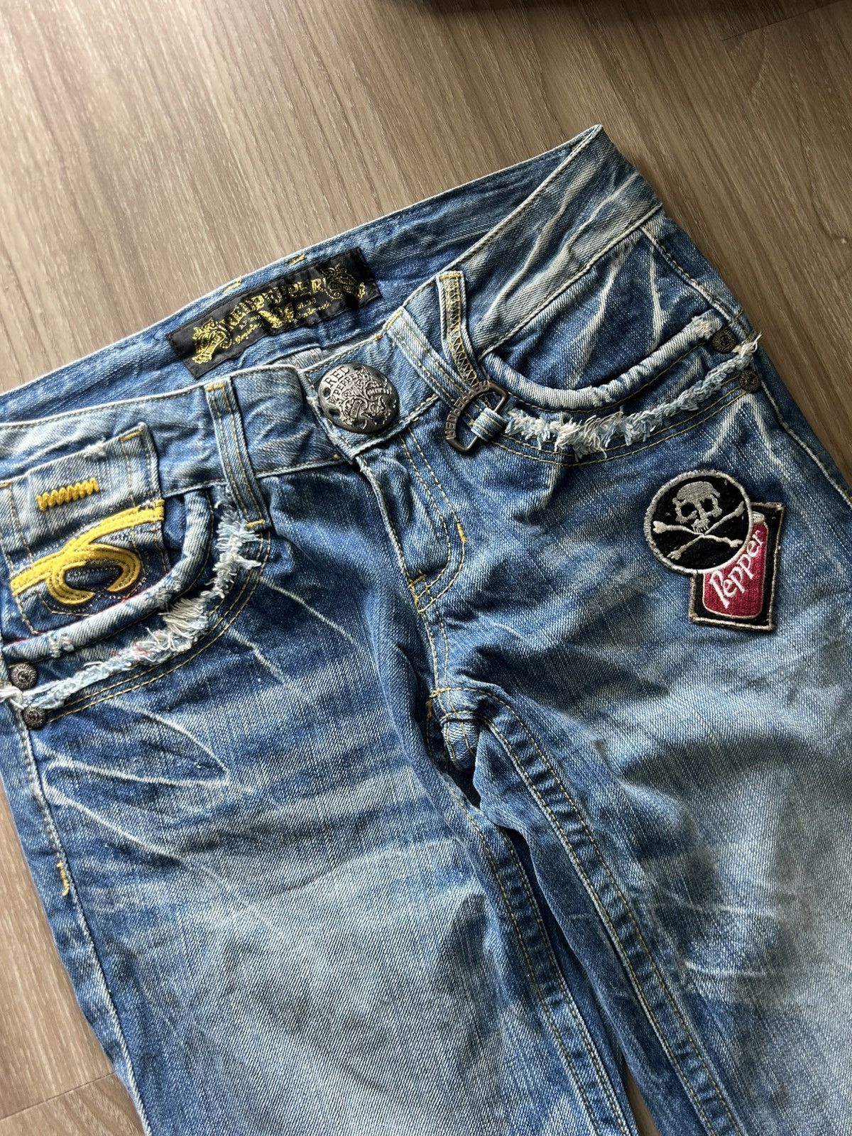 Japanese Brand Red Pepper Jeans Embroidered Skull Patch Distres Denim Flare Size US 29 - 2 Thumbnail