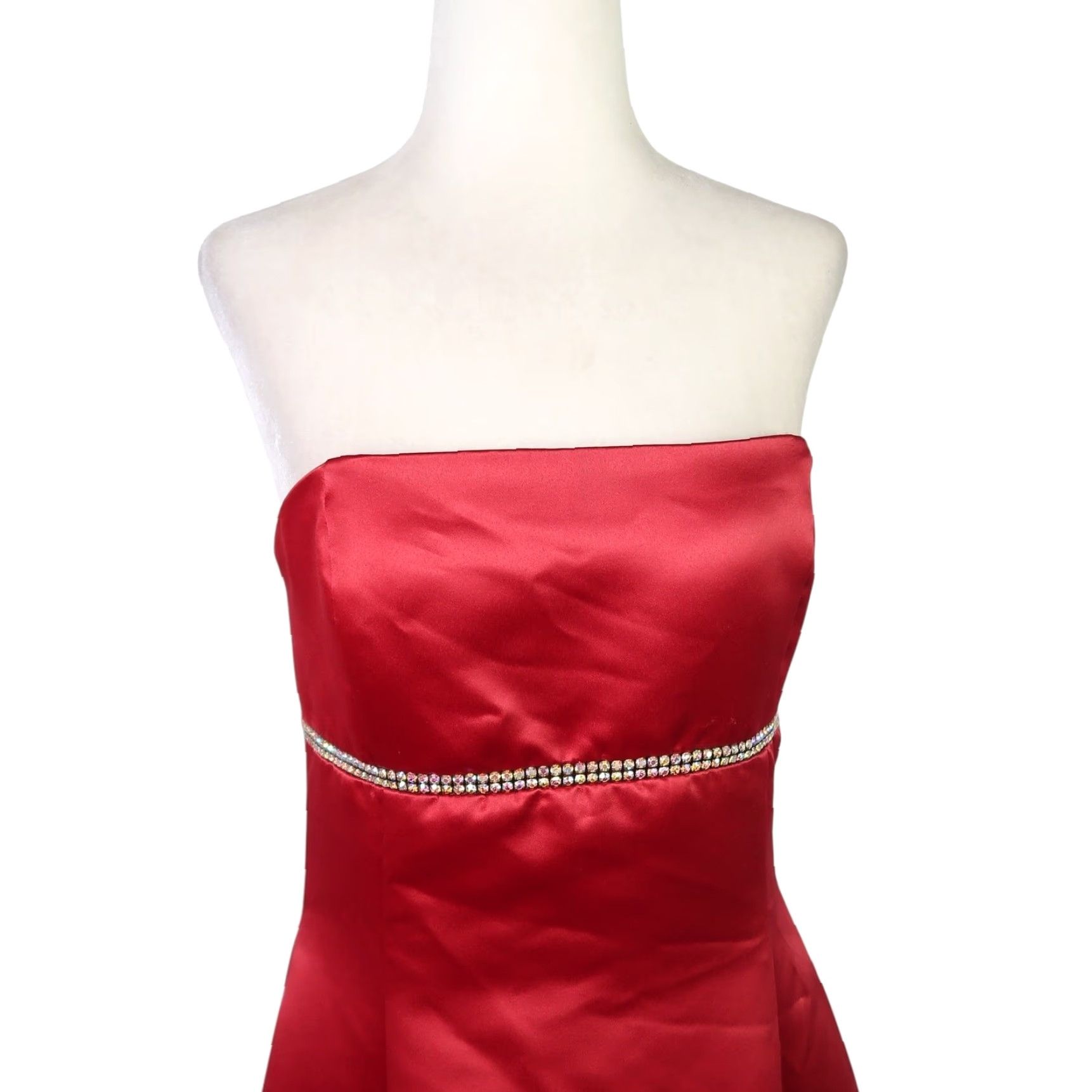 Vintage VINTAGE Scott McClintock Red Satin Strapless Floor Length Gown Prom Dress 10 90s Women's Formal Maxi Rhinestone Zip Off the Shoulder Ball Gown Dress Size L / US 10 / IT 46 - 2 Thumbnail