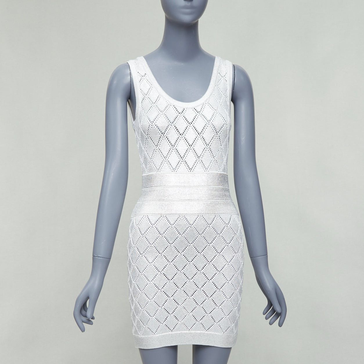 Balmain BALMAIN metallic silver coated cream argyle knit mini dress FR34 XS Size XS / US 0-2 / IT 36-38 - 1 Thumbnail
