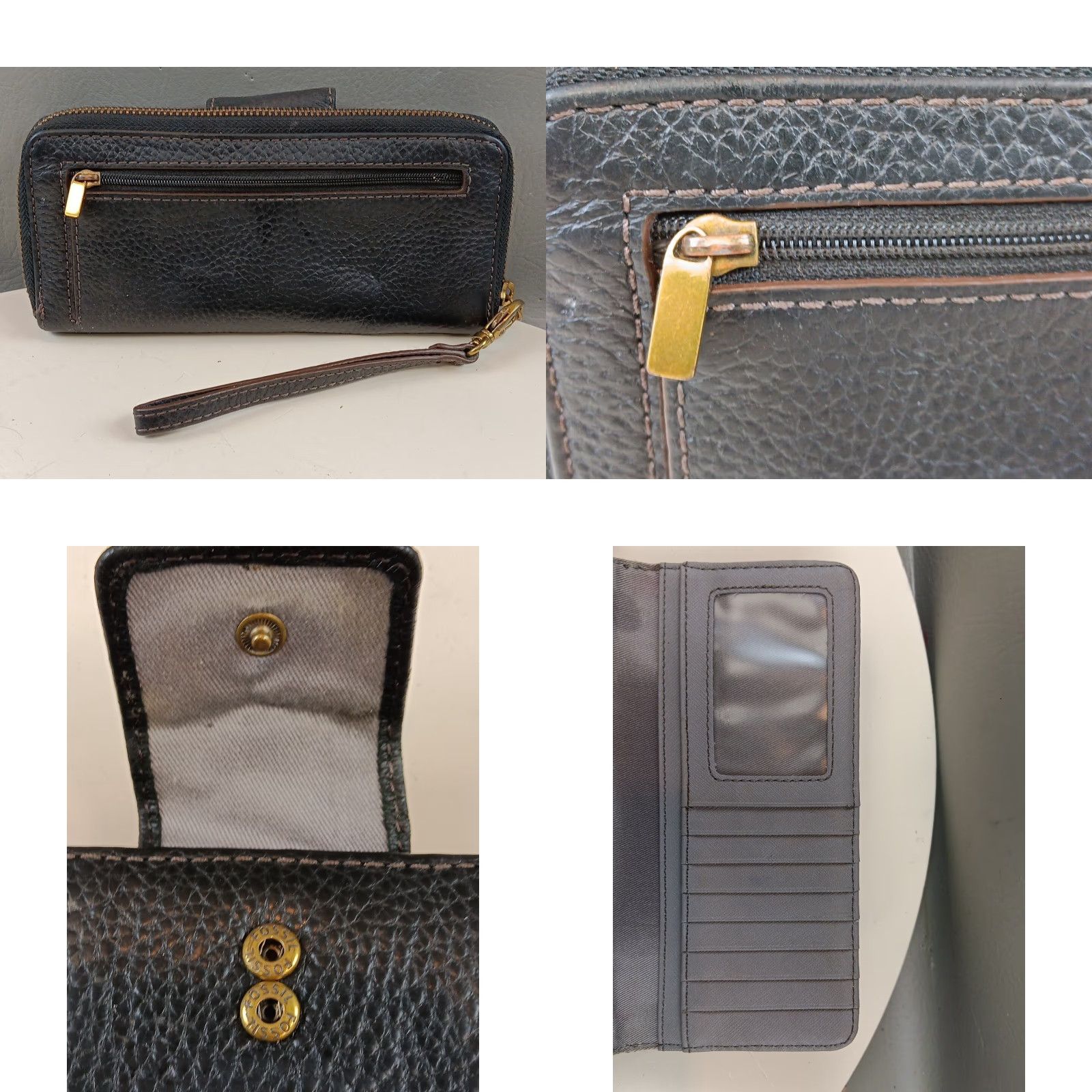 Fossil FOSSIL Wallet Zip-Around Black Pebble Leather L Wallet Wristlet Clutch ID Window Card Slots Retractable Strap Gold-Tone Hardware Women Size ONE SIZE - 9 Thumbnail