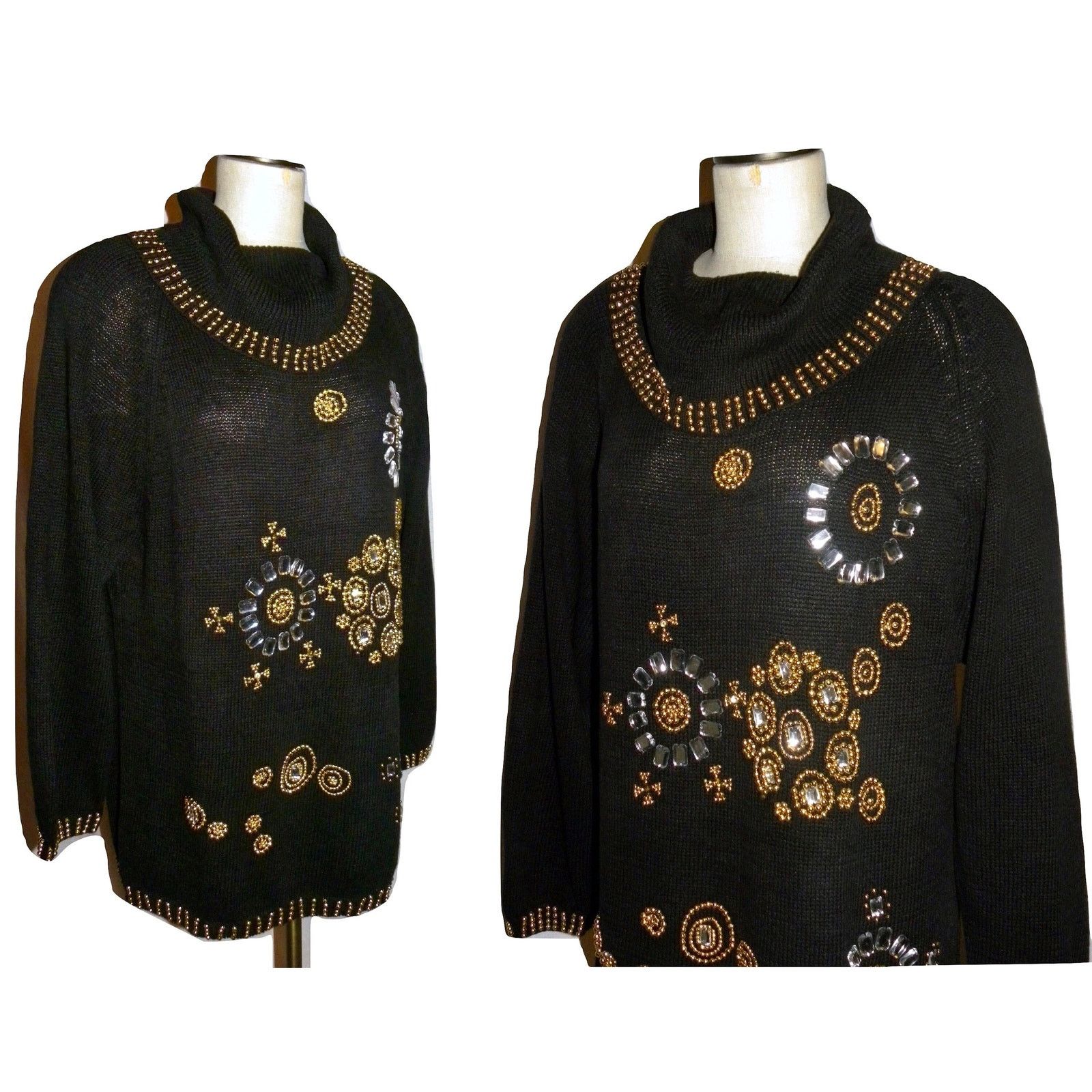 Vintage 90's Black Beaded Jeweled Cowl Neck Sweater Tunic Knit Dress Size M / US 6-8 / IT 42-44 - 3 Thumbnail