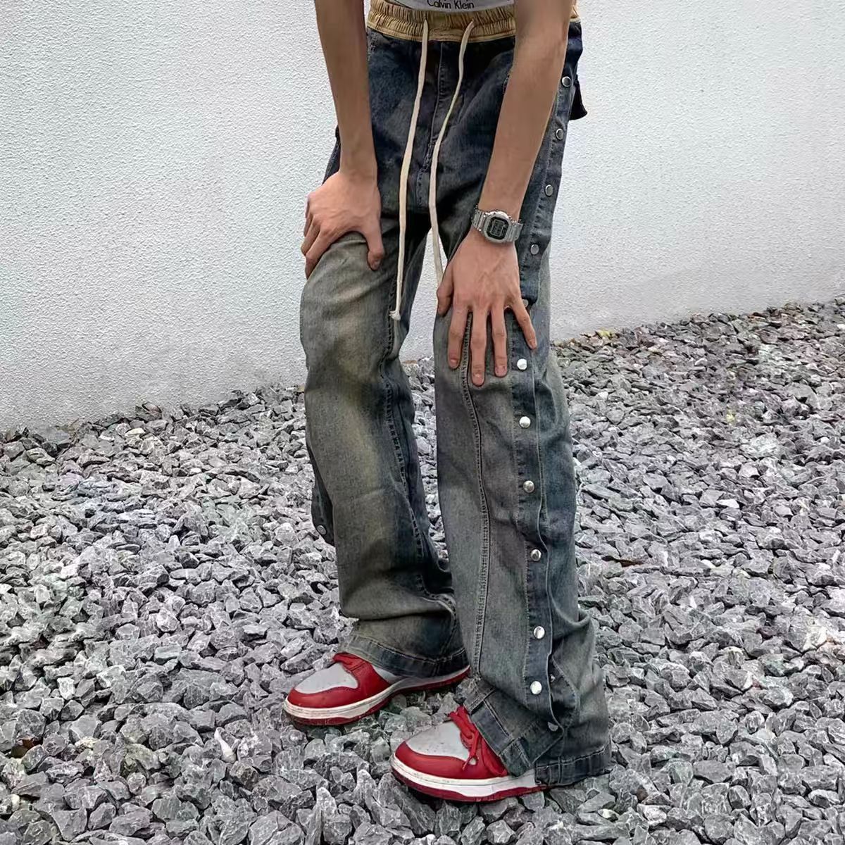 Japanese Brand × Jean Street Hip Hop Drawstring Ribbon Washed Baggy Jeans Size US 32 / EU 48 - 2 Thumbnail