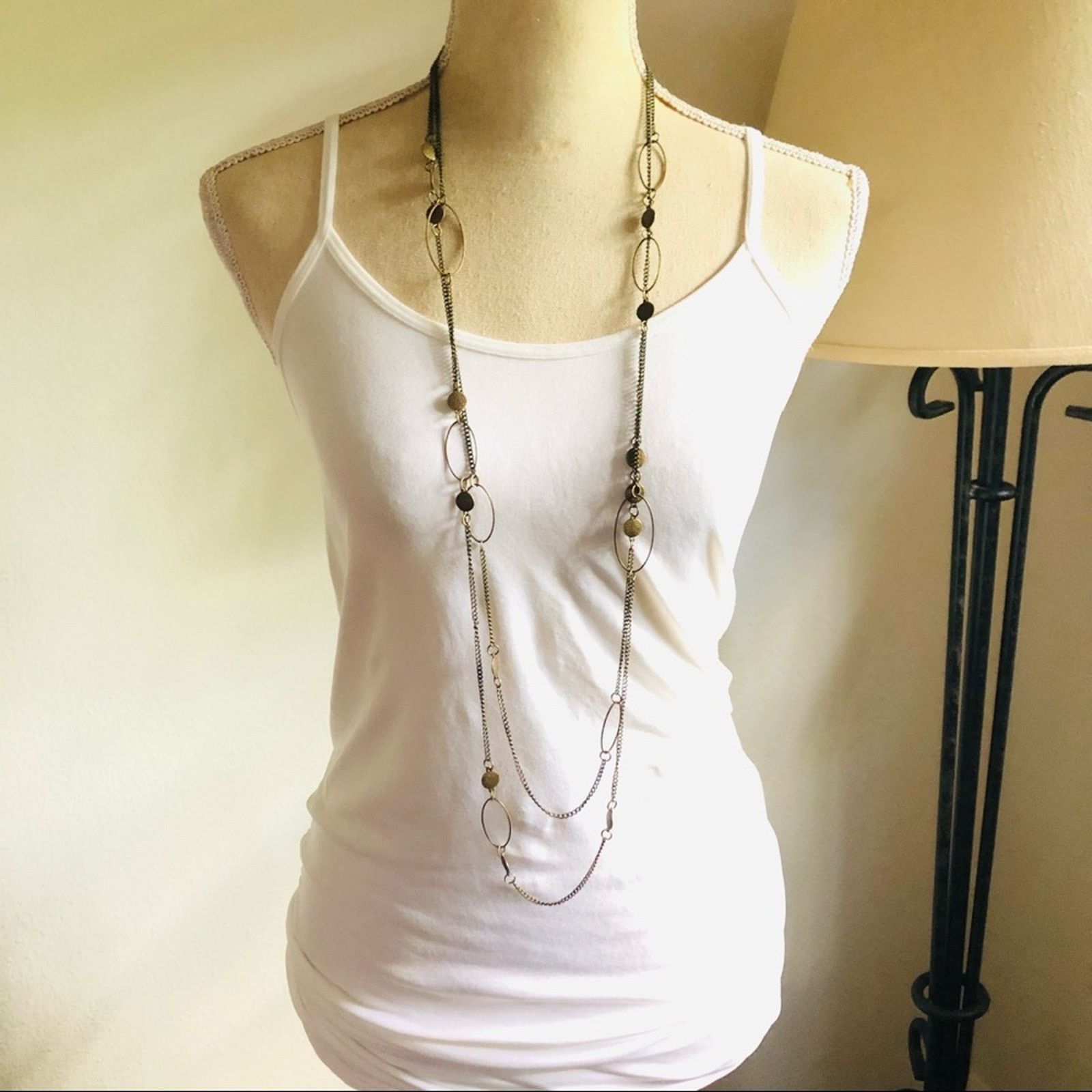 Jewelry Double strand layered brass chain disc accent long necklace Size ONE SIZE - 3 Thumbnail