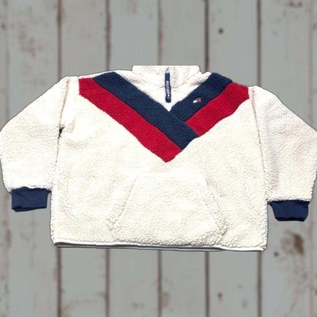 Tommy Hilfiger Tommy Hilfiger Sweater Women's XL Cream Blue Red 1/4 Zip Sherpa Pullover Size XL / US 12-14 / IT 48-50 - 1 Thumbnail