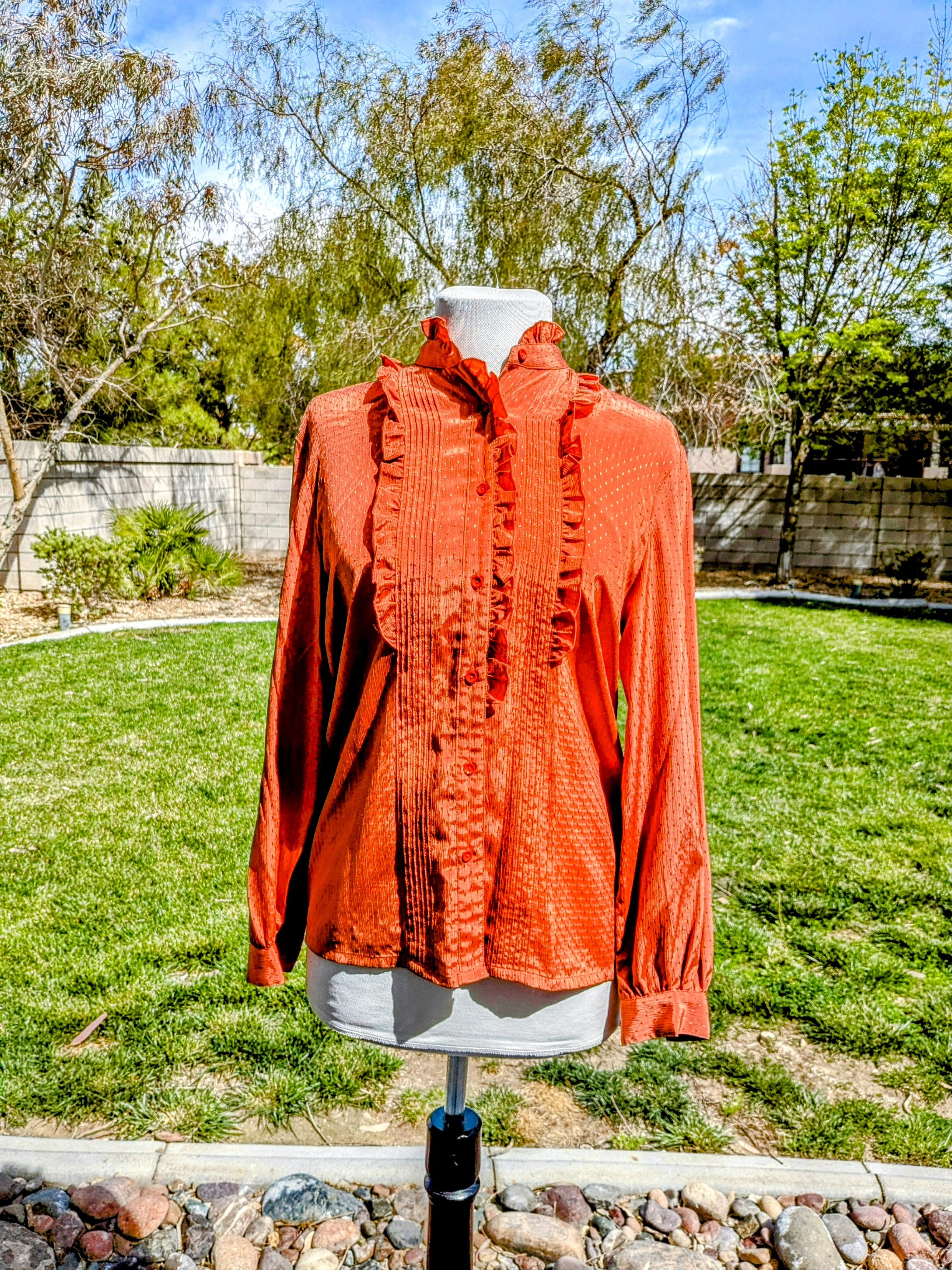 Vintage 1960s Vintage Joyel Burnt Orange Shiny Ruffle Blouse Petite Size M / US 6-8 / IT 42-44 - 1 Thumbnail