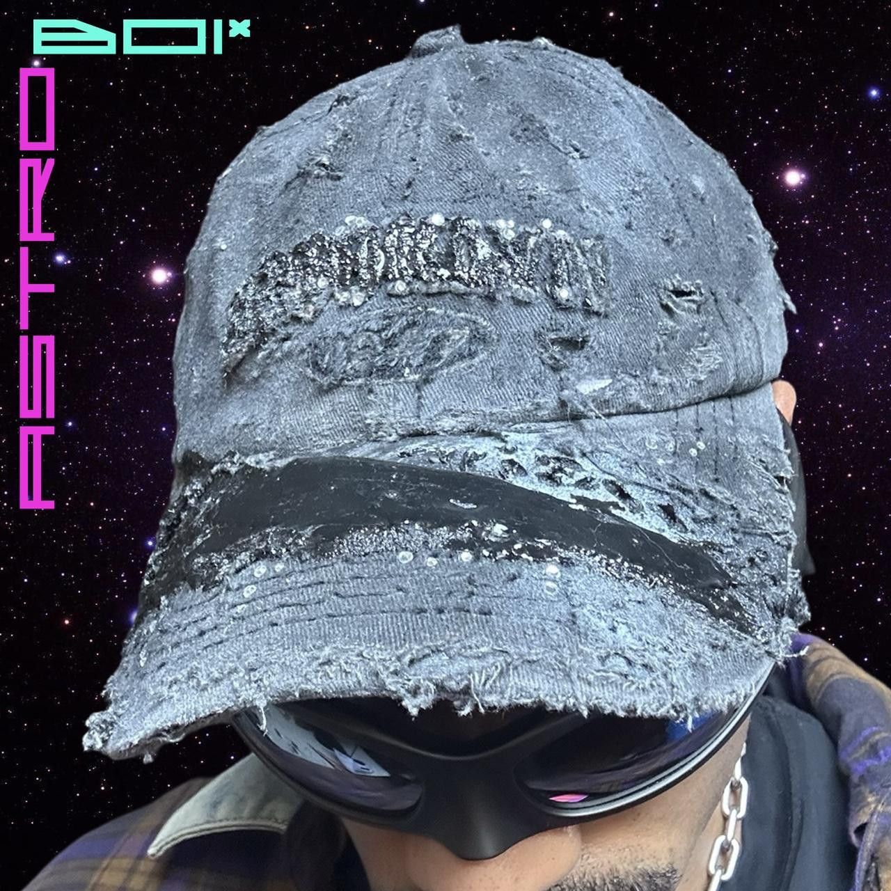 ASTROBOI* Y2K Brooklyn Distressed Black Rhinestone Hat
