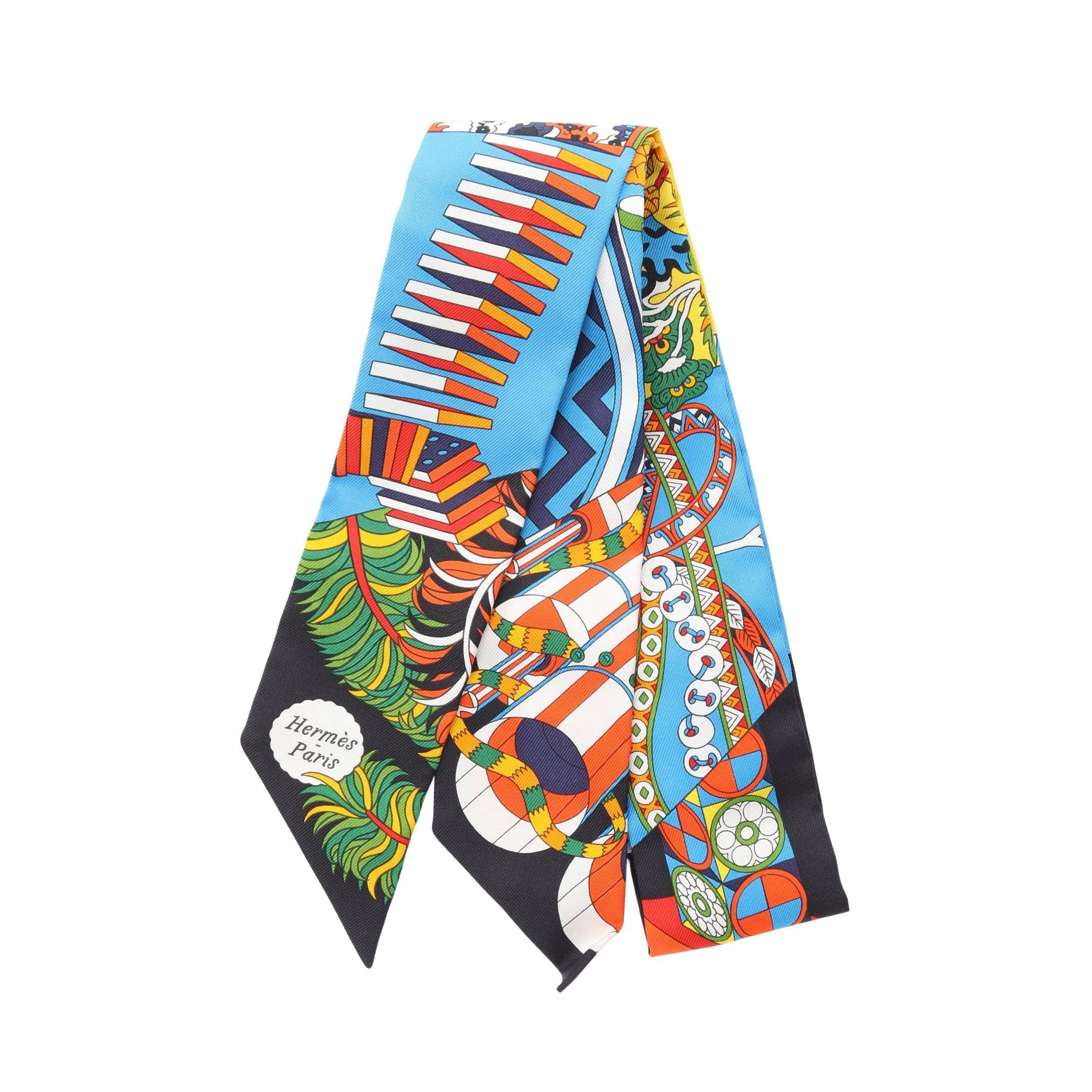 Hermes Hermes Twilly De L Ombrelle Aux Due Ribbon Scarf Silk Blue Size ONE SIZE - 1 Thumbnail