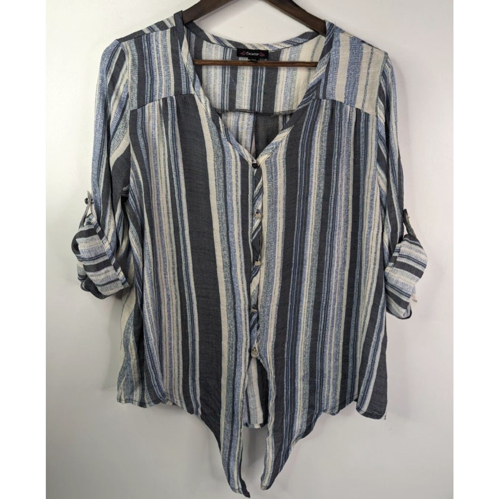 Vintage Cocomo Shirt Women L Beige Blue Striped Tie Waist Roll Tab Sleeve V-Neck Casual Workwear Size L / US 10 / IT 46 - 2 Thumbnail