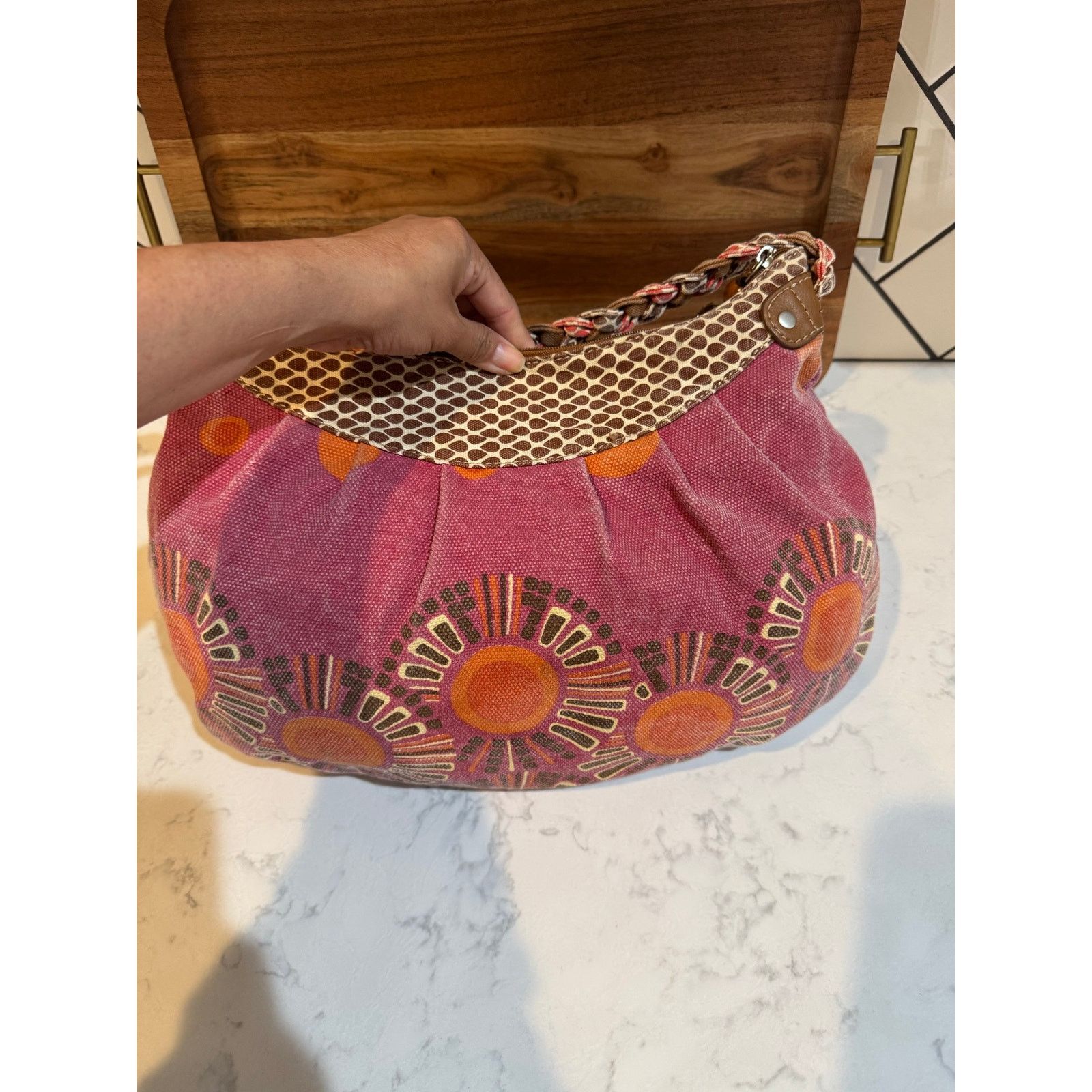 Guess vintage Fossil Canvas Hobo Bag abstract orange brown floral Size ONE SIZE - 9 Thumbnail