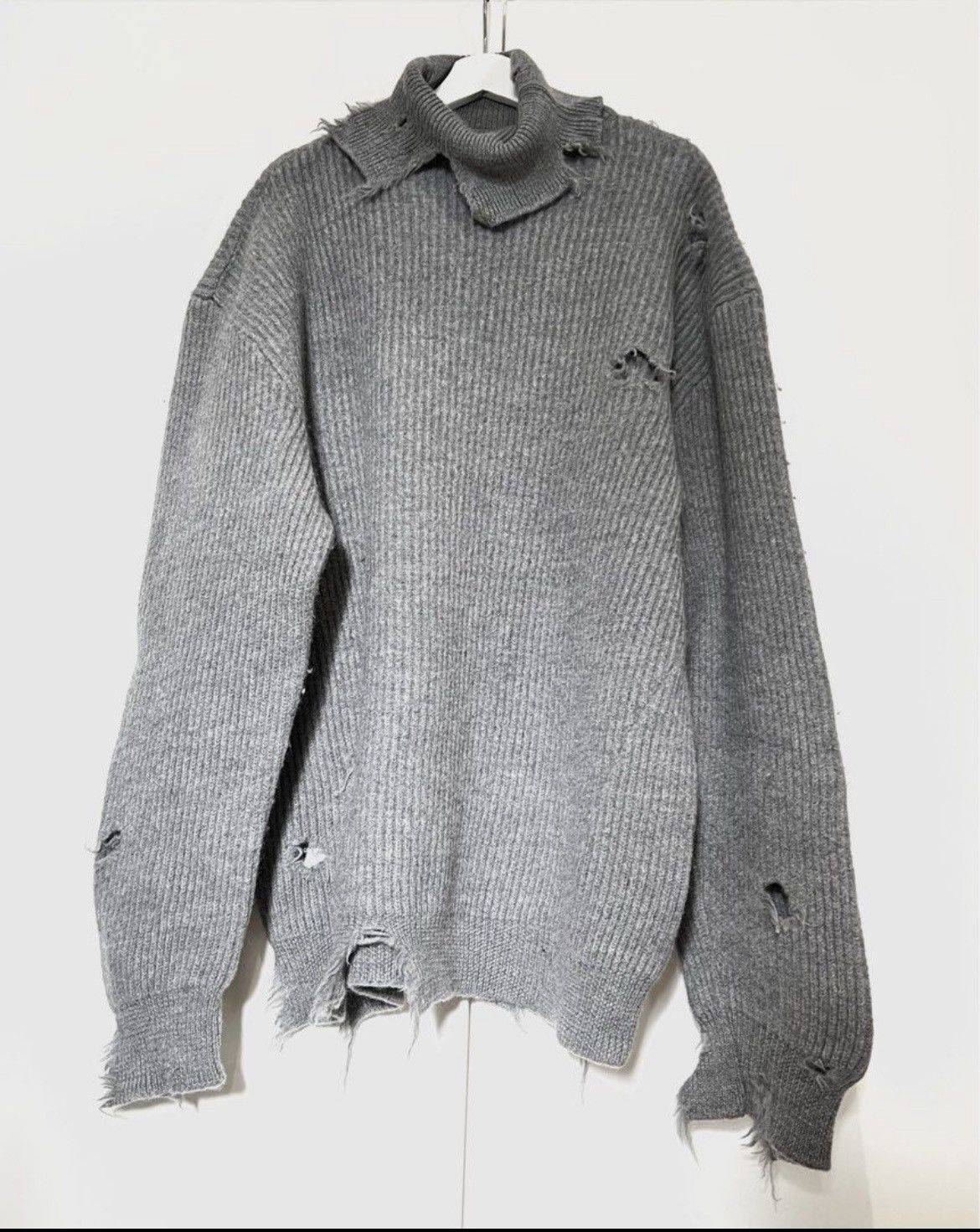 image of Hed Mayner Oversized Distressed Turtleneck Knit Sweater in Grey, Men's (Size Large)
