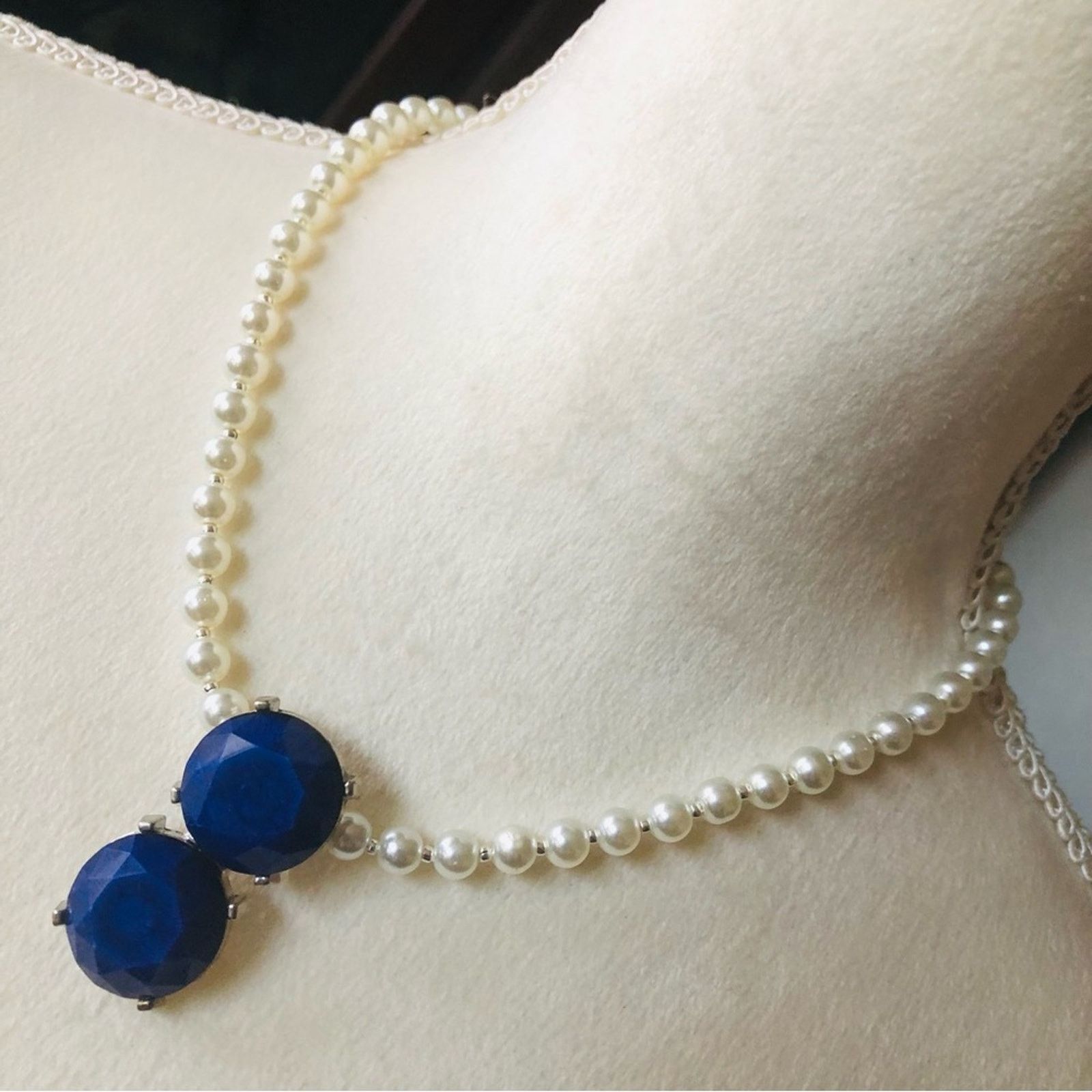 Handmade Handcrafted repurpose royal blue stone Pearl necklace Size ONE SIZE - 1 Thumbnail