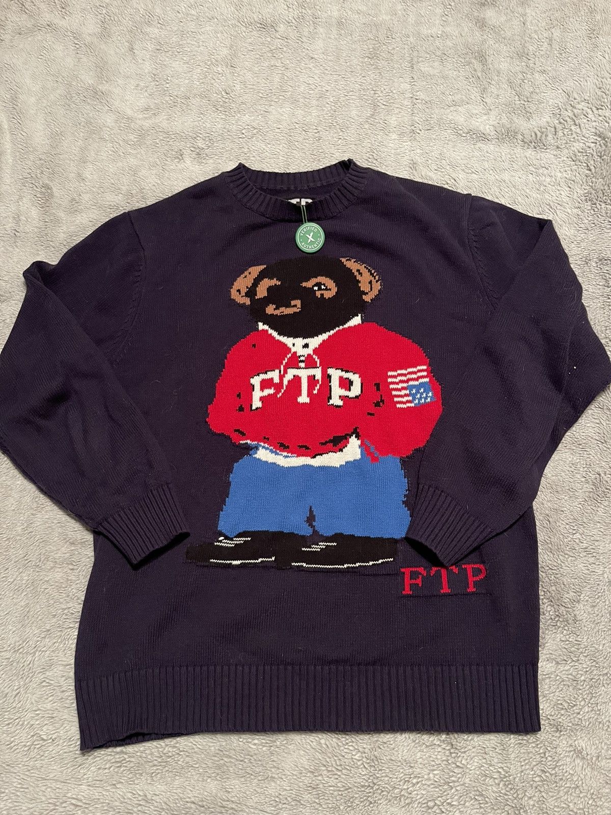 image of Fuck The Population Ftp Masked Polo Bear Navy Sweater, Men's (Size Medium)