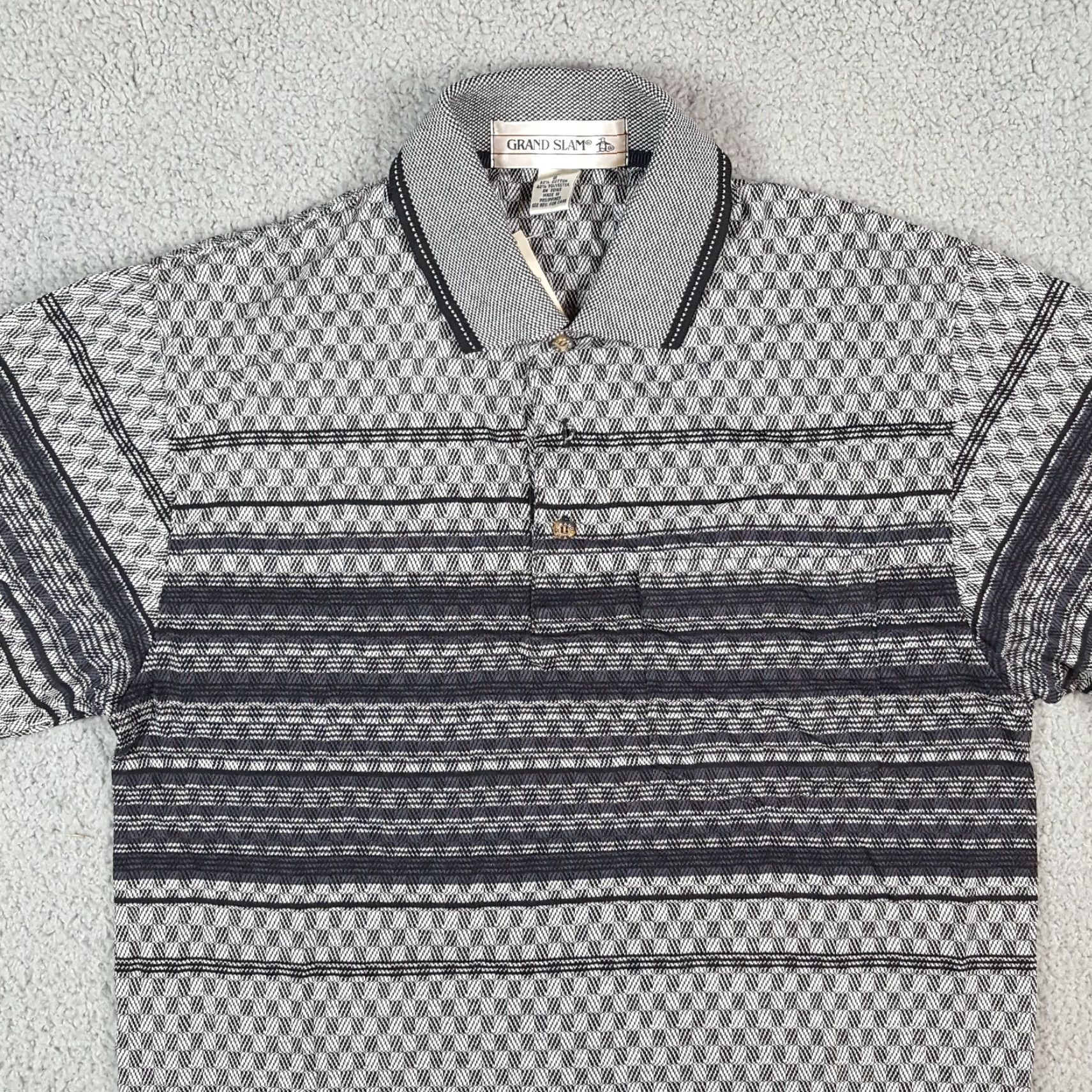 Vintage Gray Checked Striped Preppy Short Sleeve Men's Size S Collared Polo Dress Shirt Size 36R - 2 Thumbnail