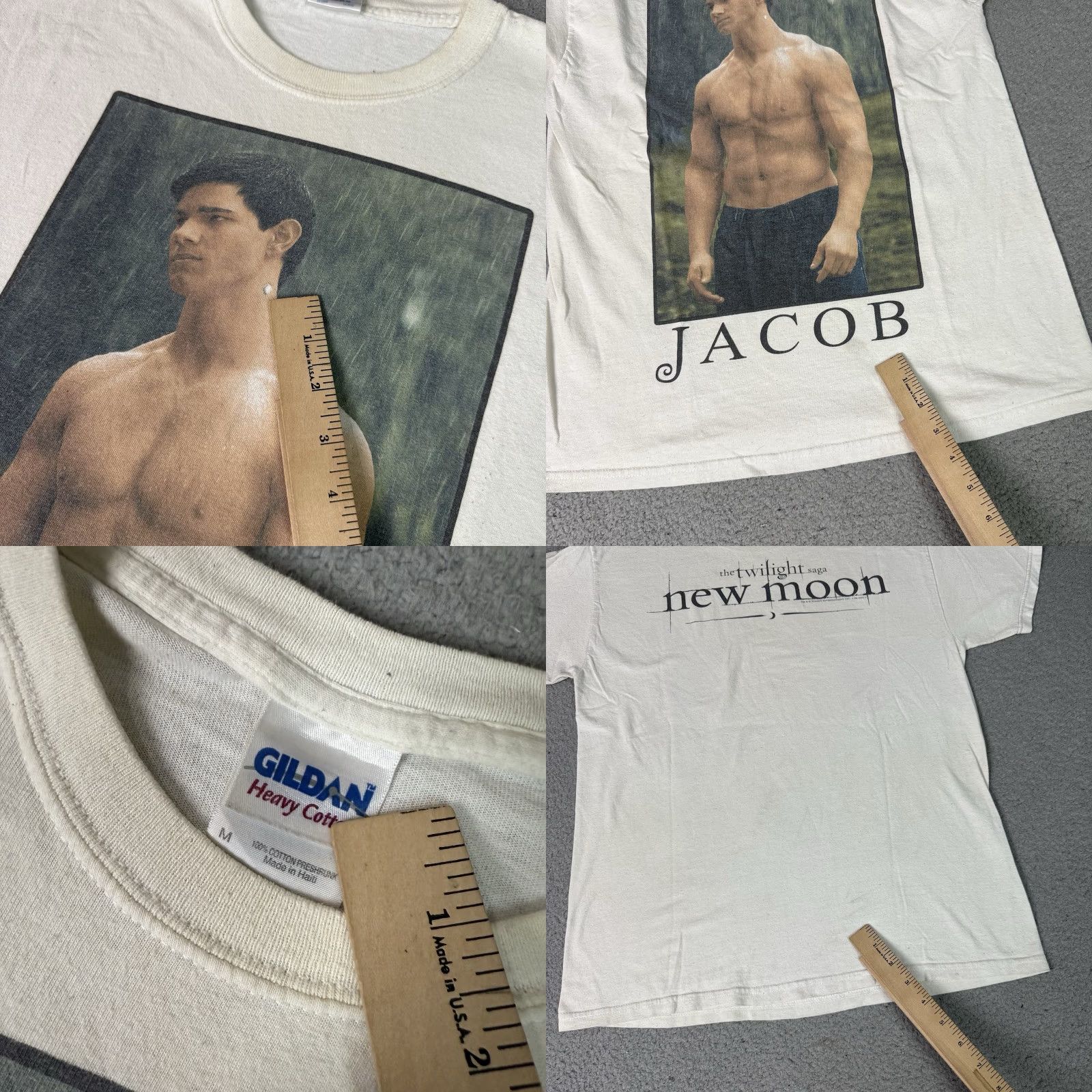 Gildan VINTAGE Twilight Shirt Mens M White New Moon Jacob Shirtless Movie Promo Distressed Shirt T-Shirt Graphic Print Crew Neck Cotton Knit Gildan Size US M / EU 48-50 / 2 - 8 Thumbnail