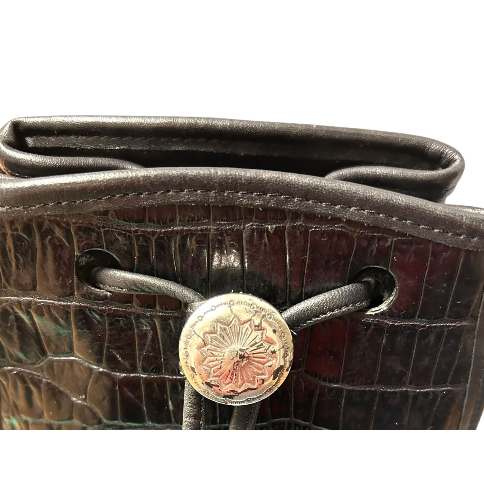 Brighton VINTAGE Brighton Black Leather Croc Embossed Drawstring Bucket Shoulder Bag Purse VTG Womens Small Crossbody Nature: Designer 90s Size ONE SIZE - 4 Thumbnail