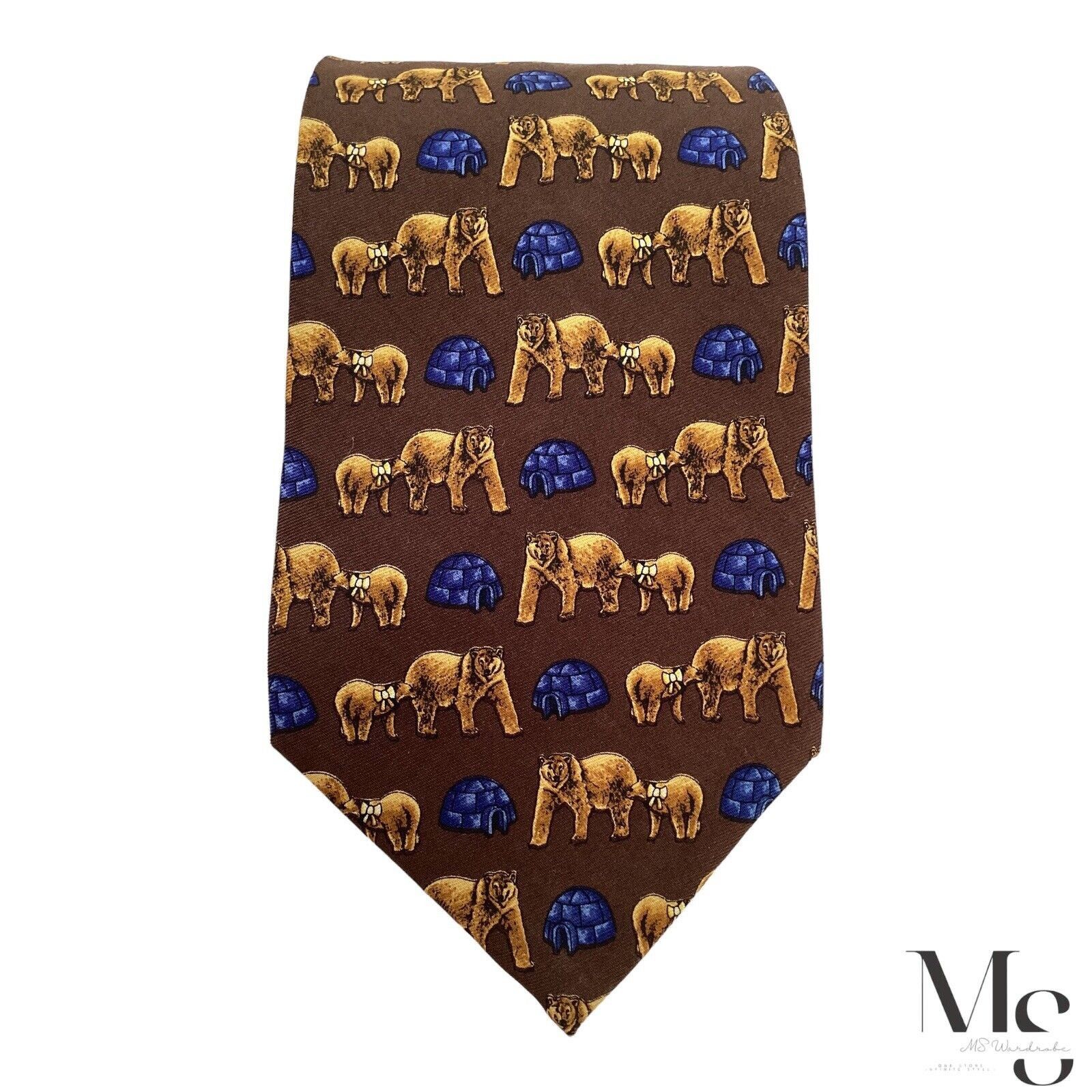 Yves Saint Laurent YVES SAINT LAURENT Brown Bear & Igloo Print Silk Tie Italy Size ONE SIZE - 3 Thumbnail