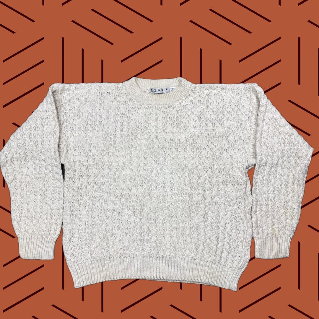 VINTAGE Basix 90s Chunky Knit Ivory Sweater Pullover Men XL Textured Crew Neck Casual