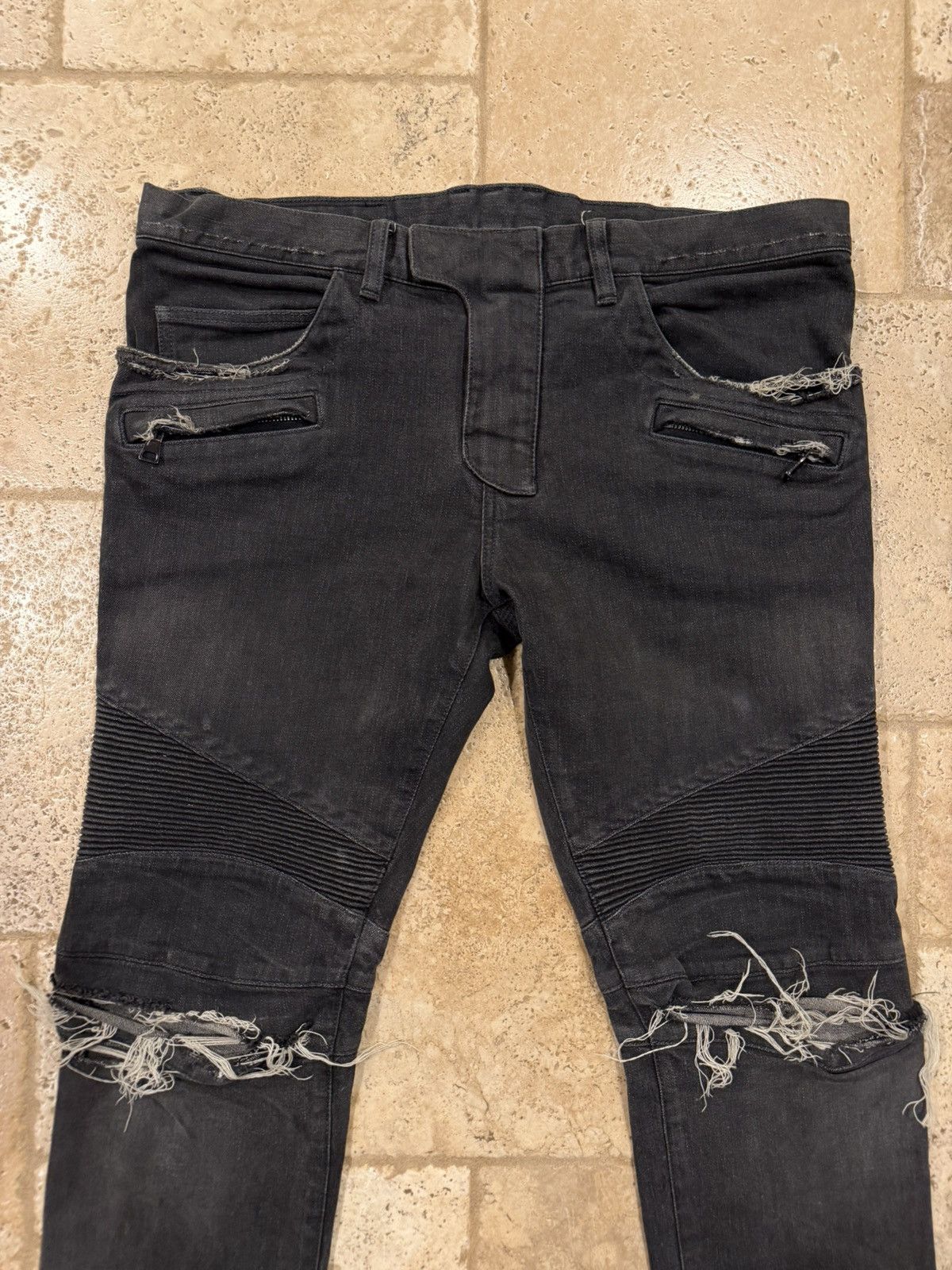 Balmain Balmain Moto Biker Distressed Stone Dark Gray Denim Jeans Size US 36 / EU 52 - 3 Thumbnail